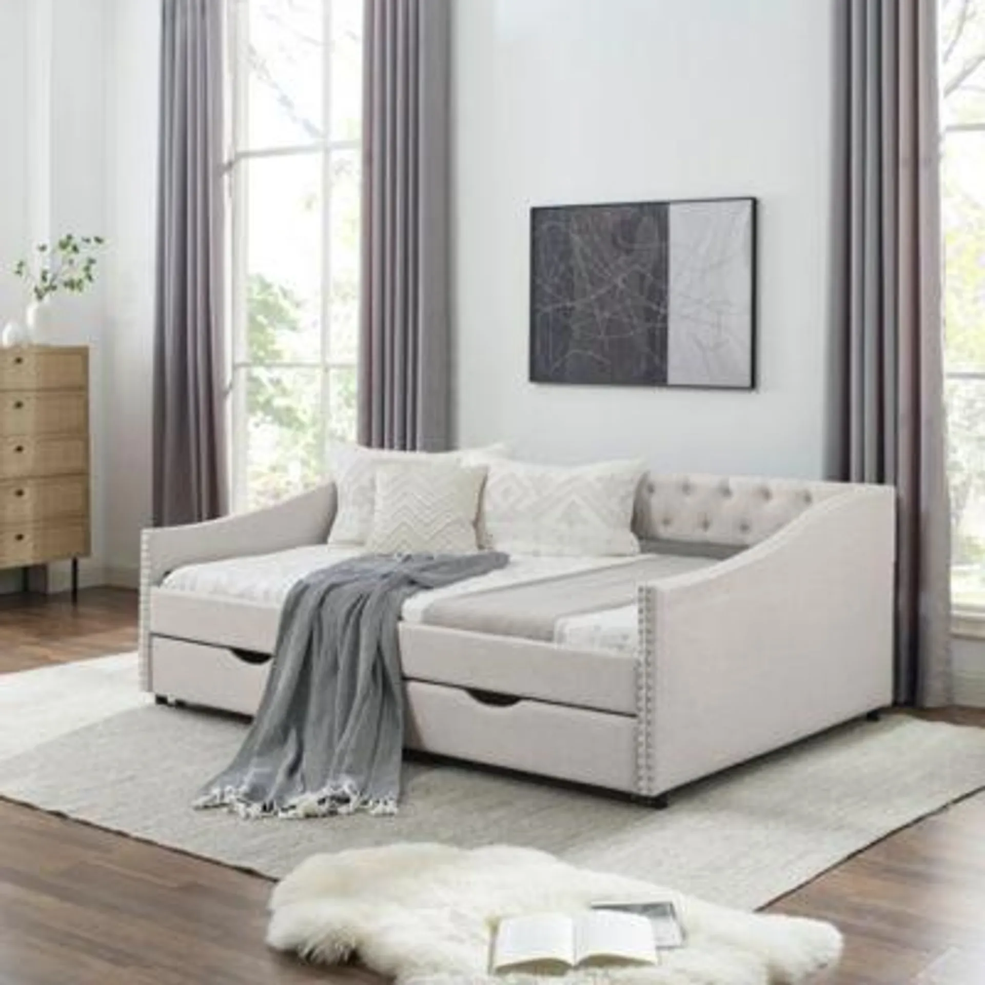 Streamdale Furniture Upholstered Daybed with Drawers, Button Back & Copper Nail Arms