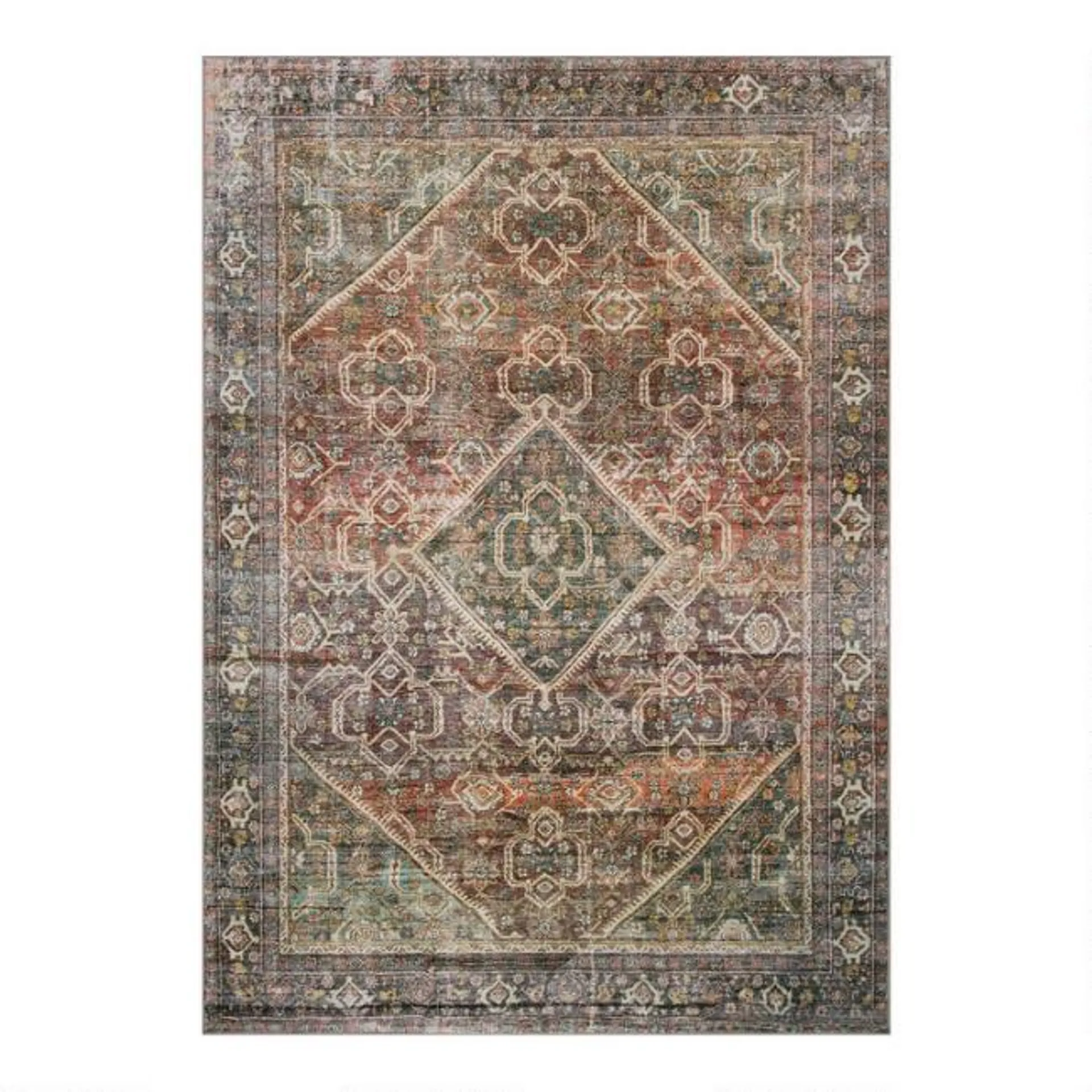 Rust and Green Distressed Persian Style Washable Area Rug