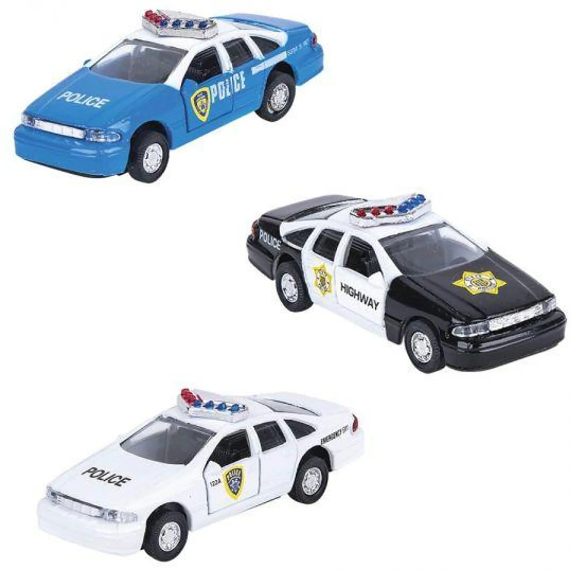 RI Novelty - Pull Back Die-Cast Metal Vehicles - SET OF 3 POLICE CARS (Black, White & Blue)(4.5 inch
