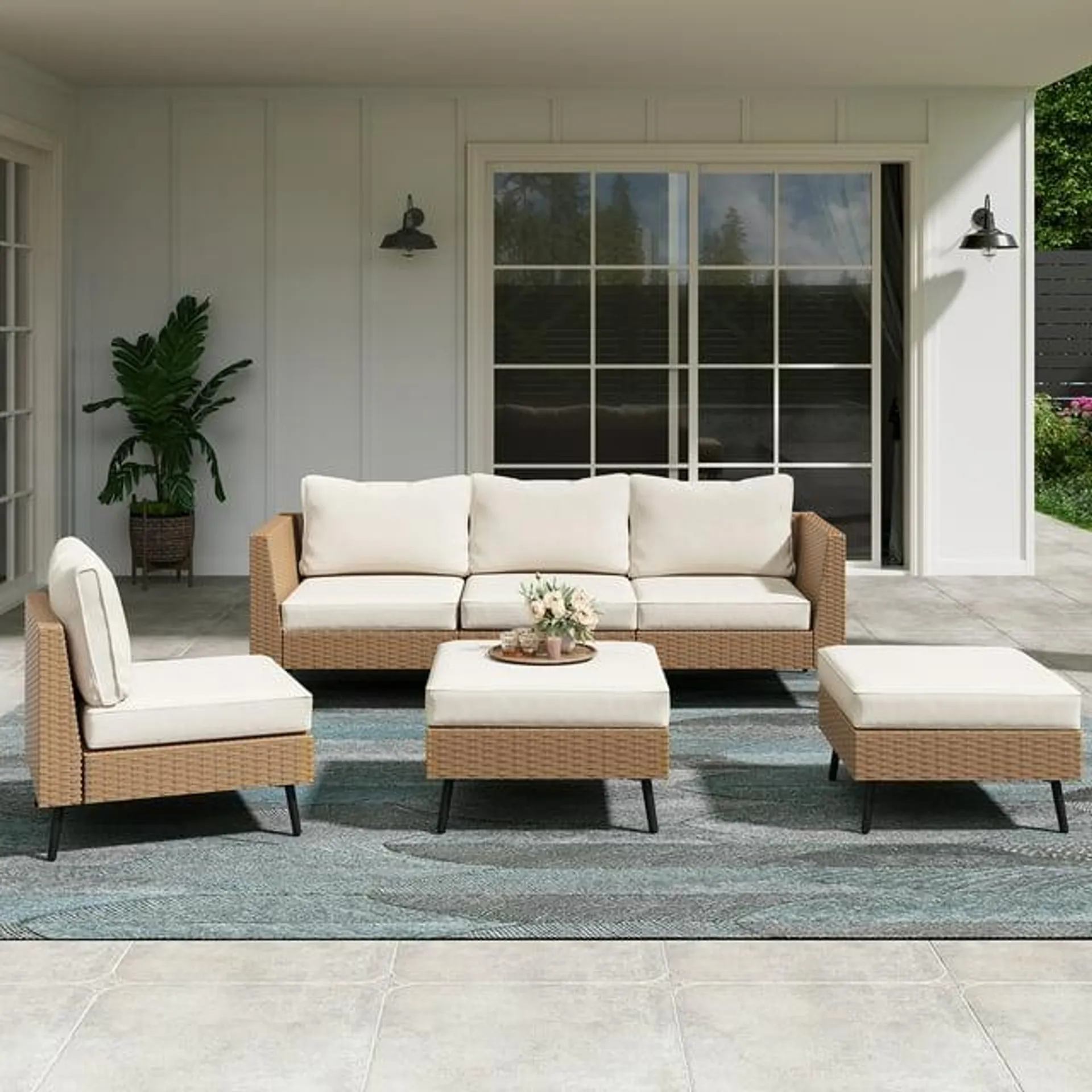 LAUSAINT HOME 6-Piece Patio Furniture Set, Outdoor Sectionals with 4 Chairs, 2 Ottomans and Plush Beige Cushions