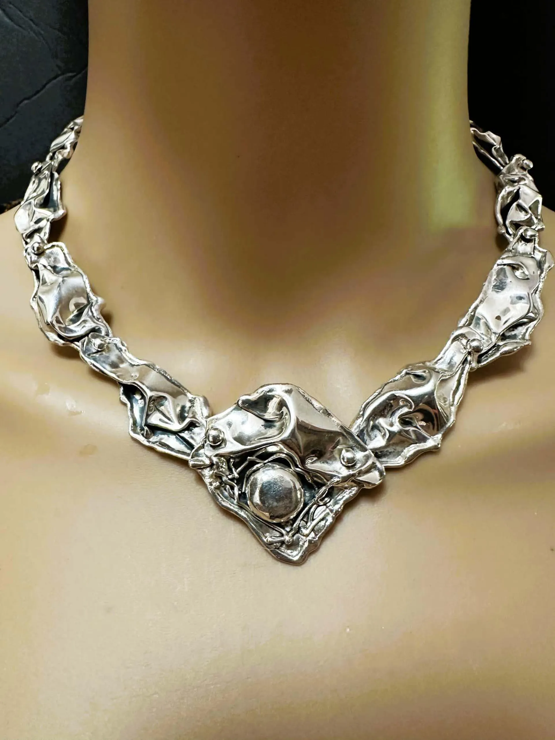 Brutalist Modernist Forged Sterling Silver Petal Necklace
