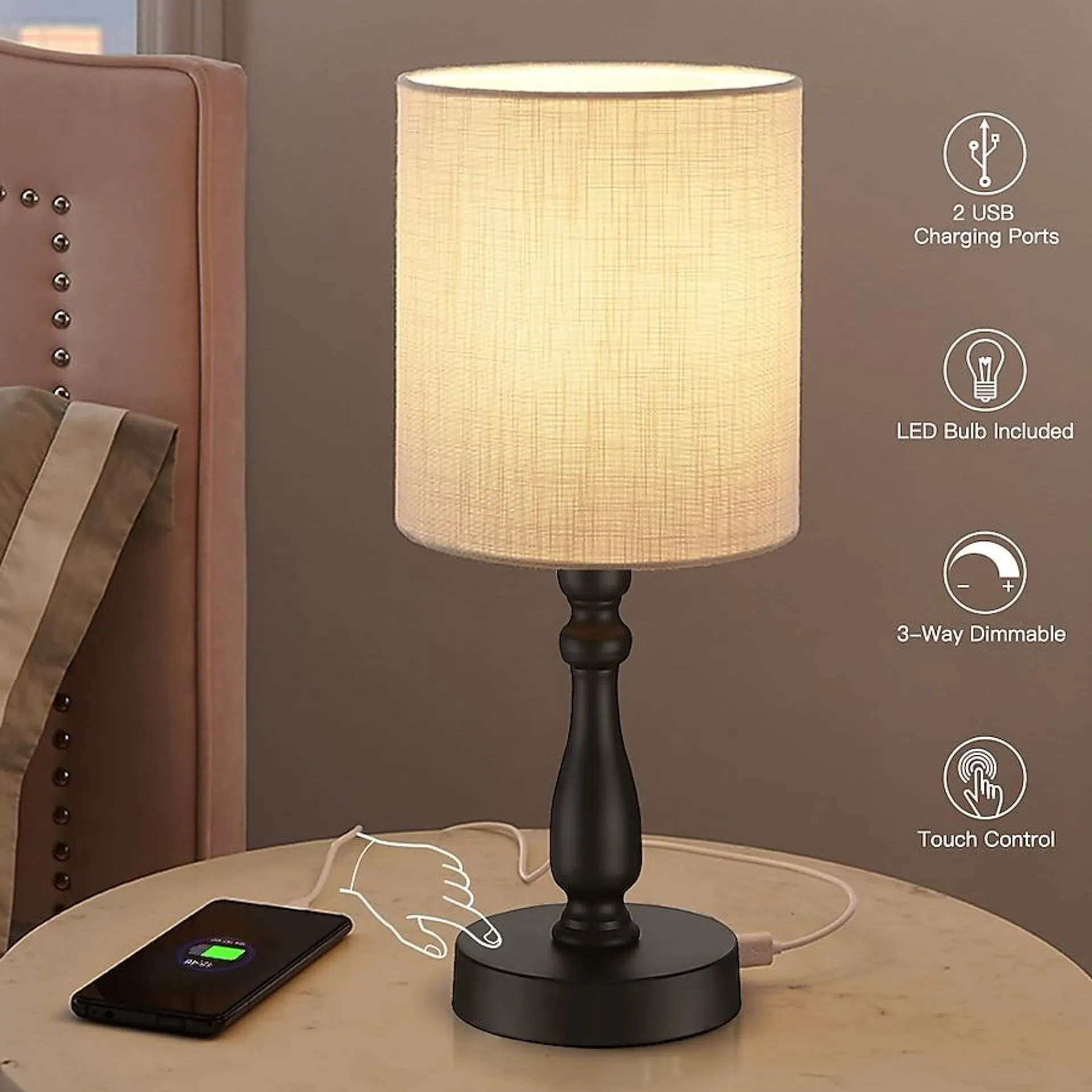 True Fine 16.5-in Black LED Touch Table Lamp with Fabric Shade