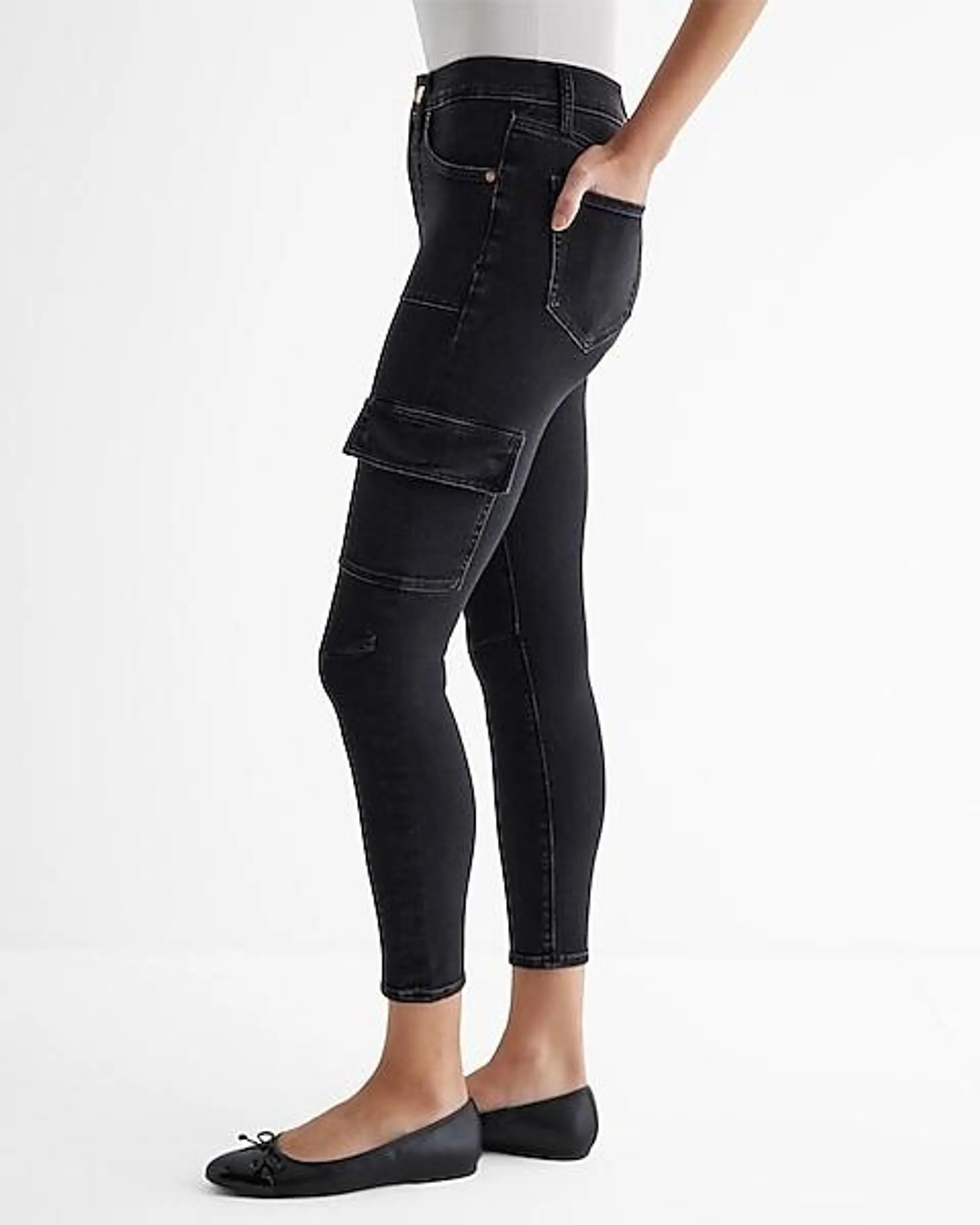 Mid Rise Black Cropped Skinny Cargo Jeans