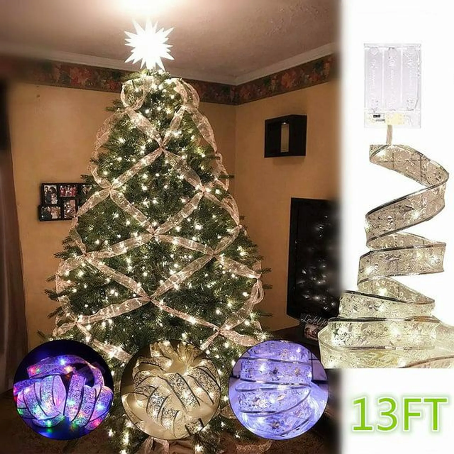 Romantic Fairy Lights, 13ft-40 LED Ribbon Christmas Lights for Christmas Tree, Easy DIY Waterproof Battery Operated Tree Dazzler Indoor Outdoor, Aousthop Christmas Decor (Warm White/White/Colorful)