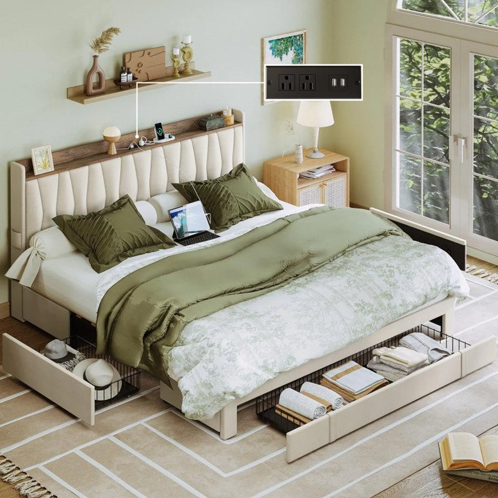 Upholstered Bed Frame with 3 Drawers, Bed with Storage Headboard and Charging Station