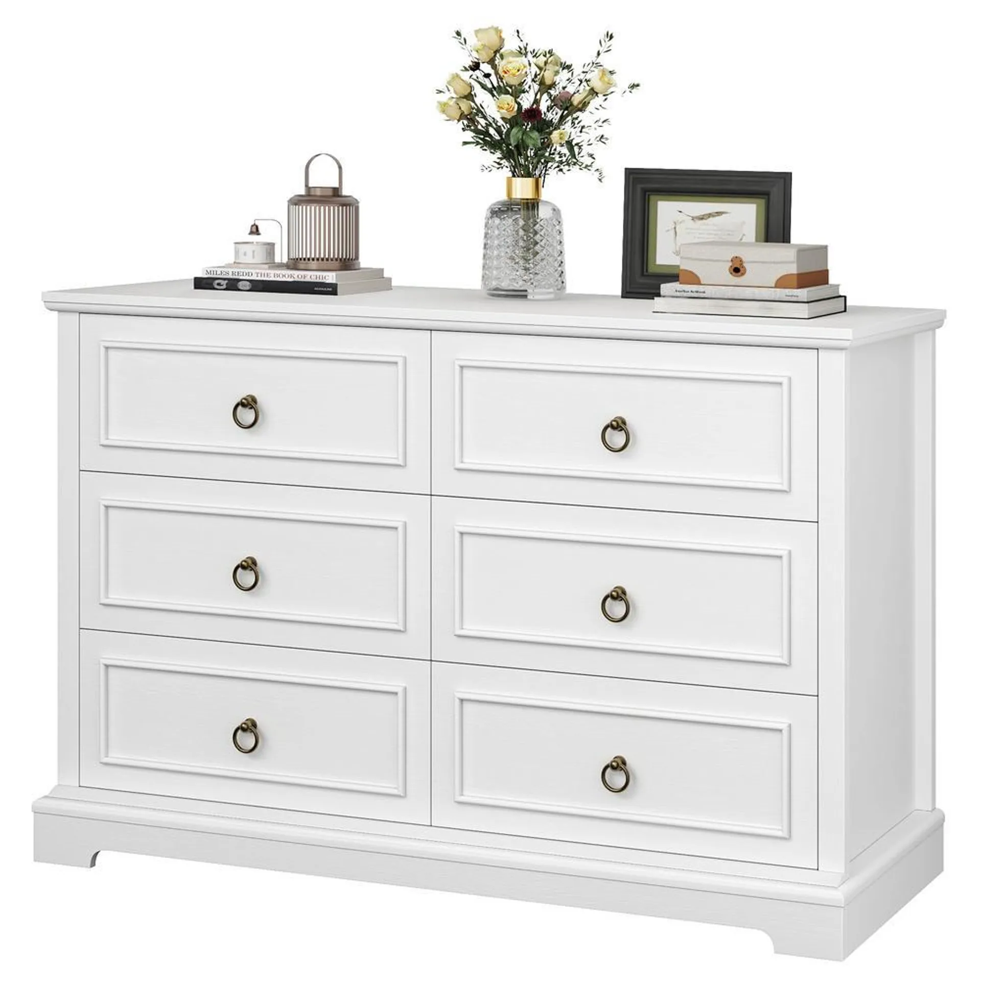 HOSTACK Dresser for Bedroom with 6 Drawers White Chest of Drawers Wide Wood Double Dressers Modern Farmhouse Storage Dresser