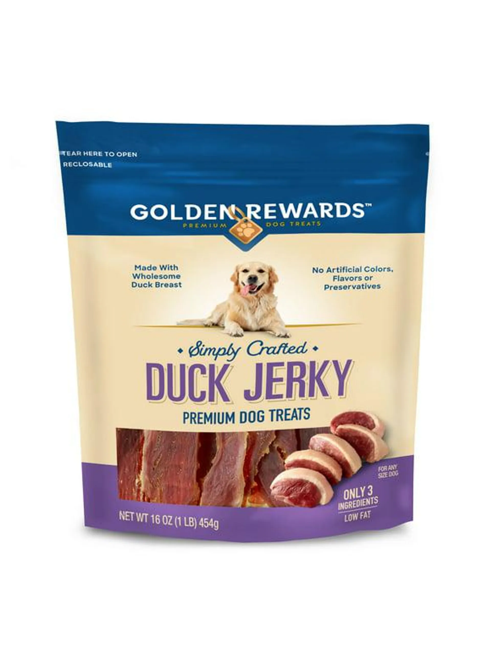 Golden Rewards Duck Flavor Premium Jerky Dry Training Treats for All Dogs, 16 oz.