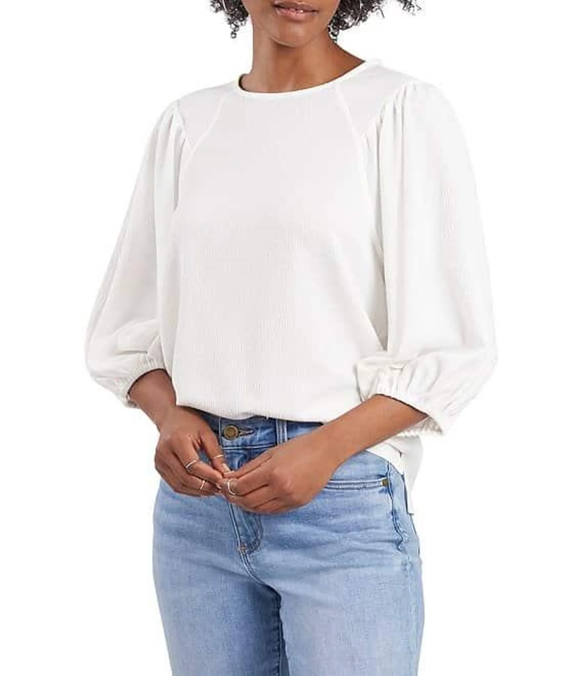 Round Neck 3/4 Puff Sleeve Knit Top