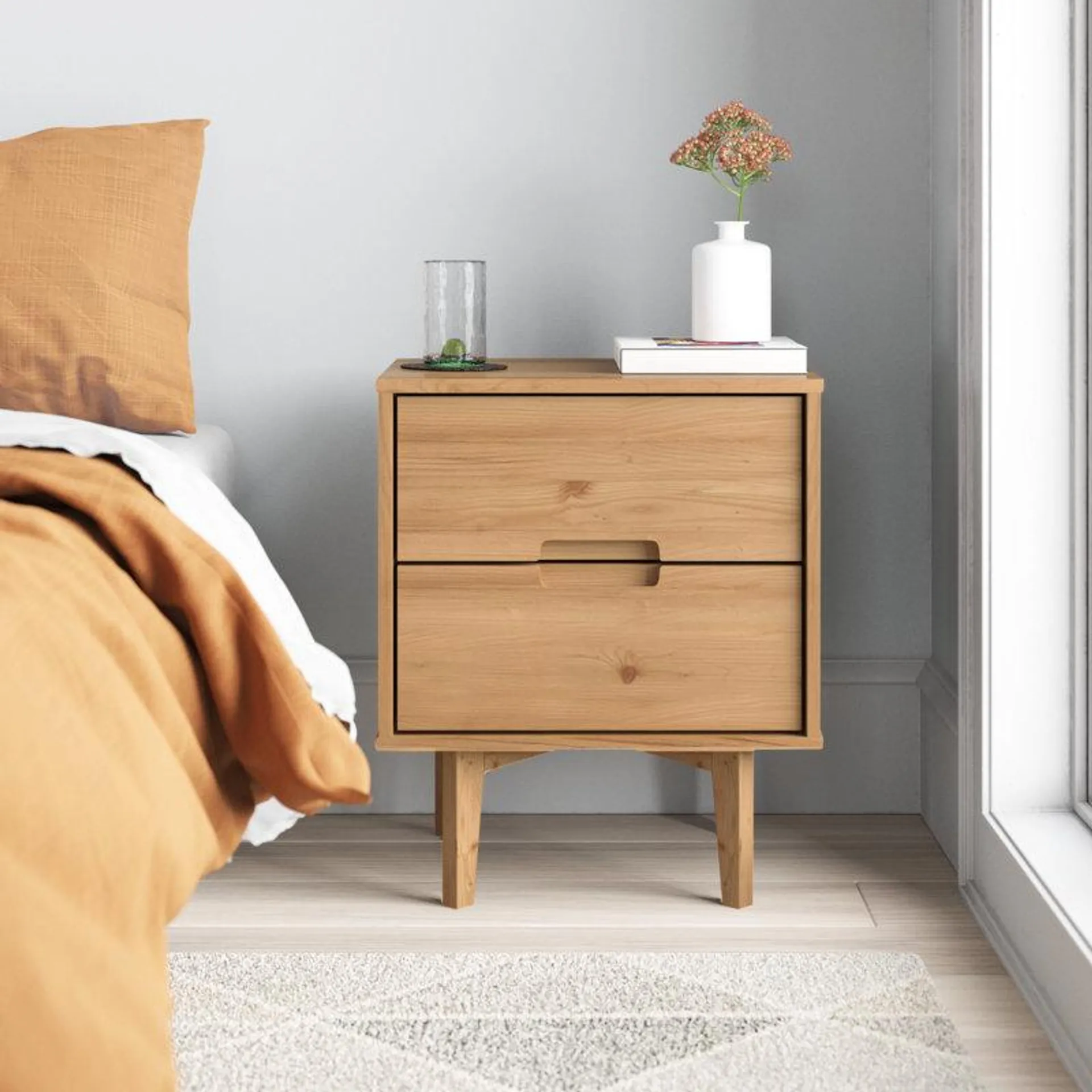 Aizlyn Mid-Century Modern Solid Wood Groove-Handle Nightstands