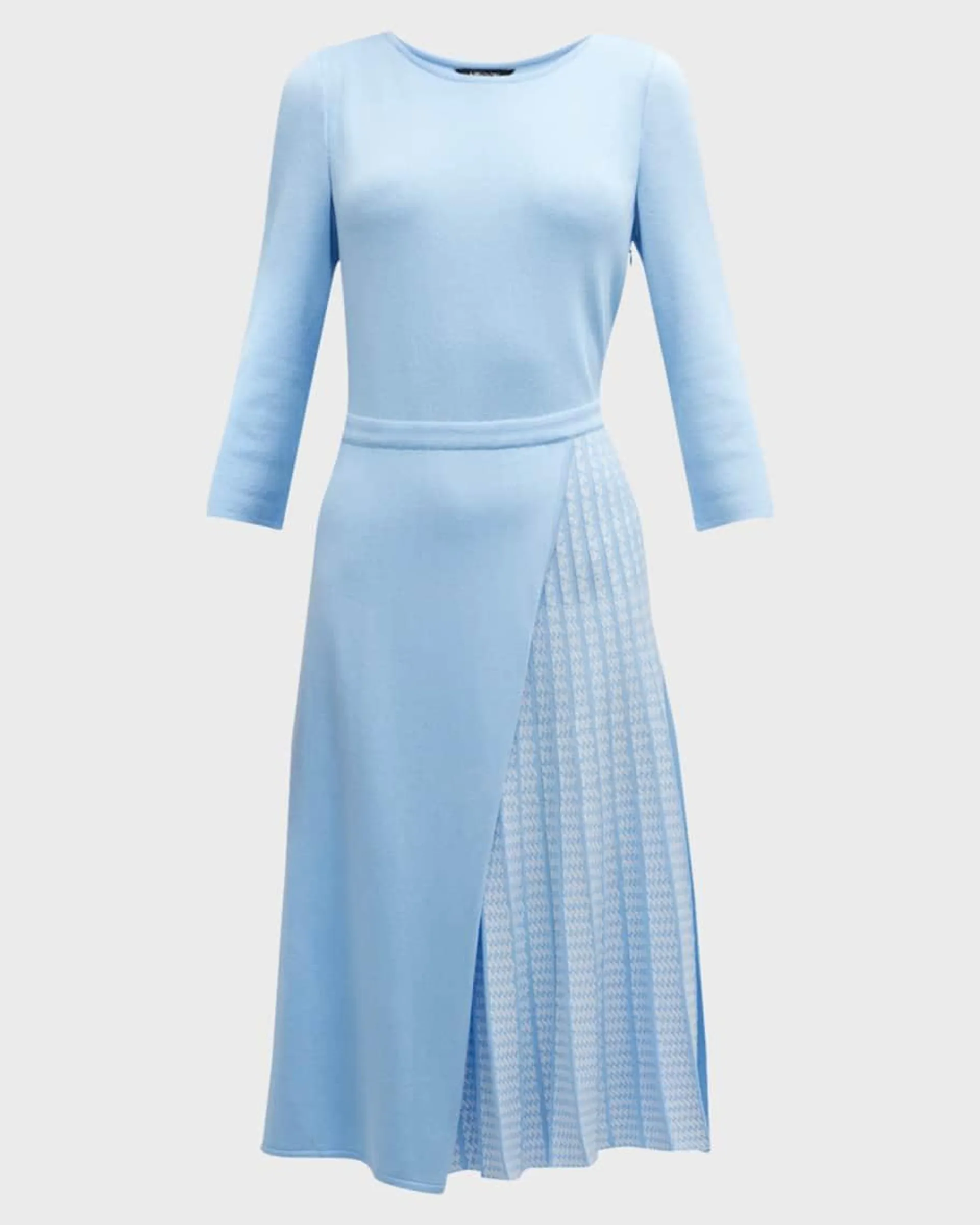 Pleated Short-Sleeve Knit Midi Dress