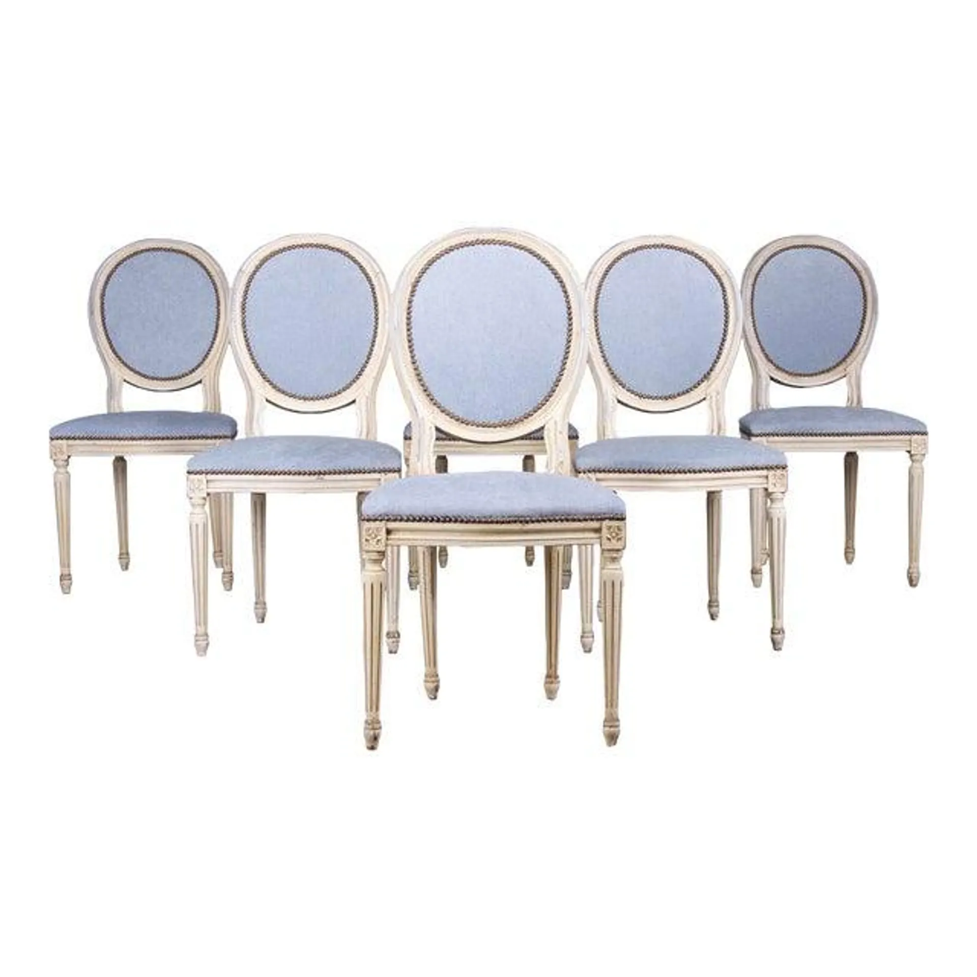 Antique French Louis XVI Style Provincial Painted Dining Chairs W/ Dusty Blue Chenille - Set of 6