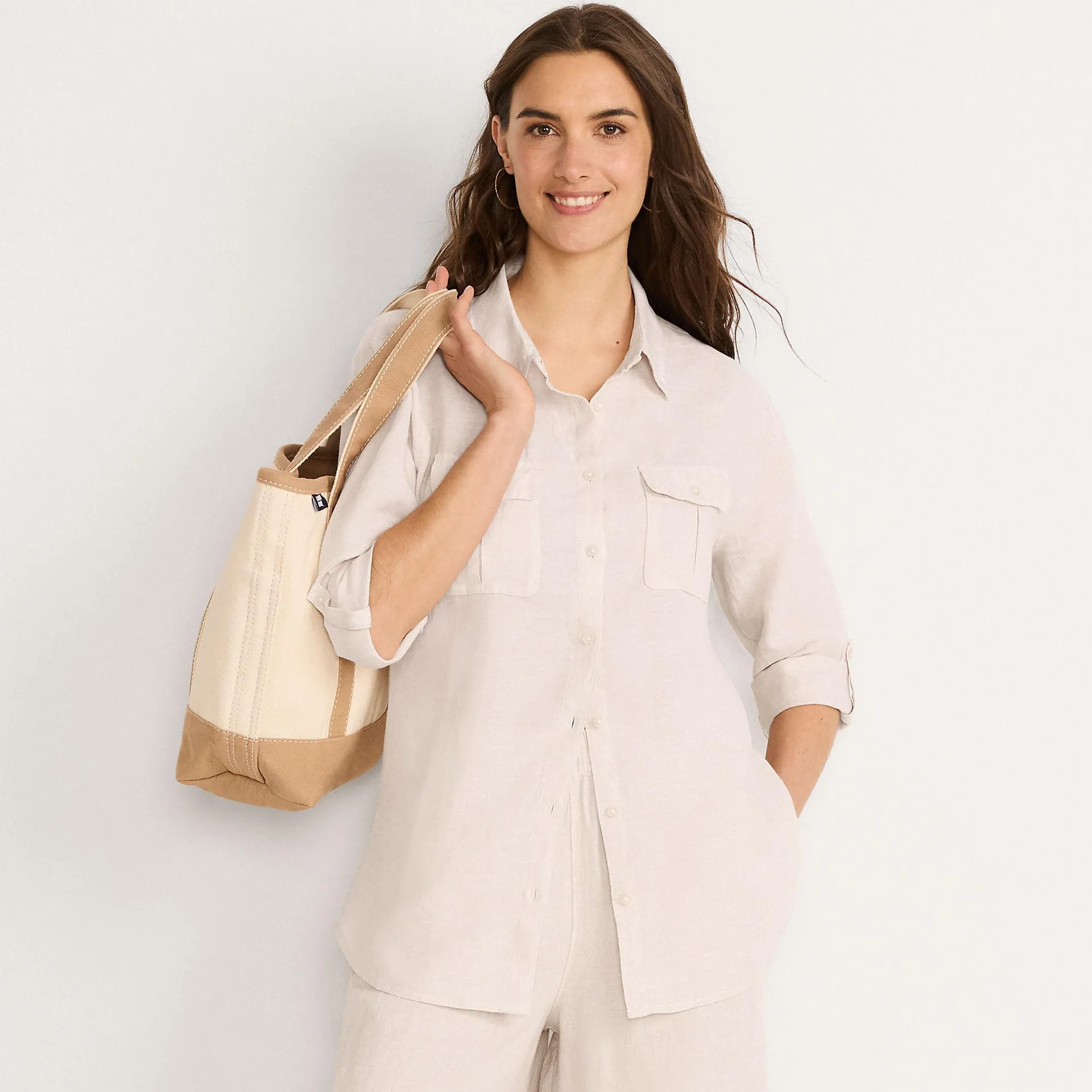 Women's Linen Roll Sleeve Relaxed Tunic Top