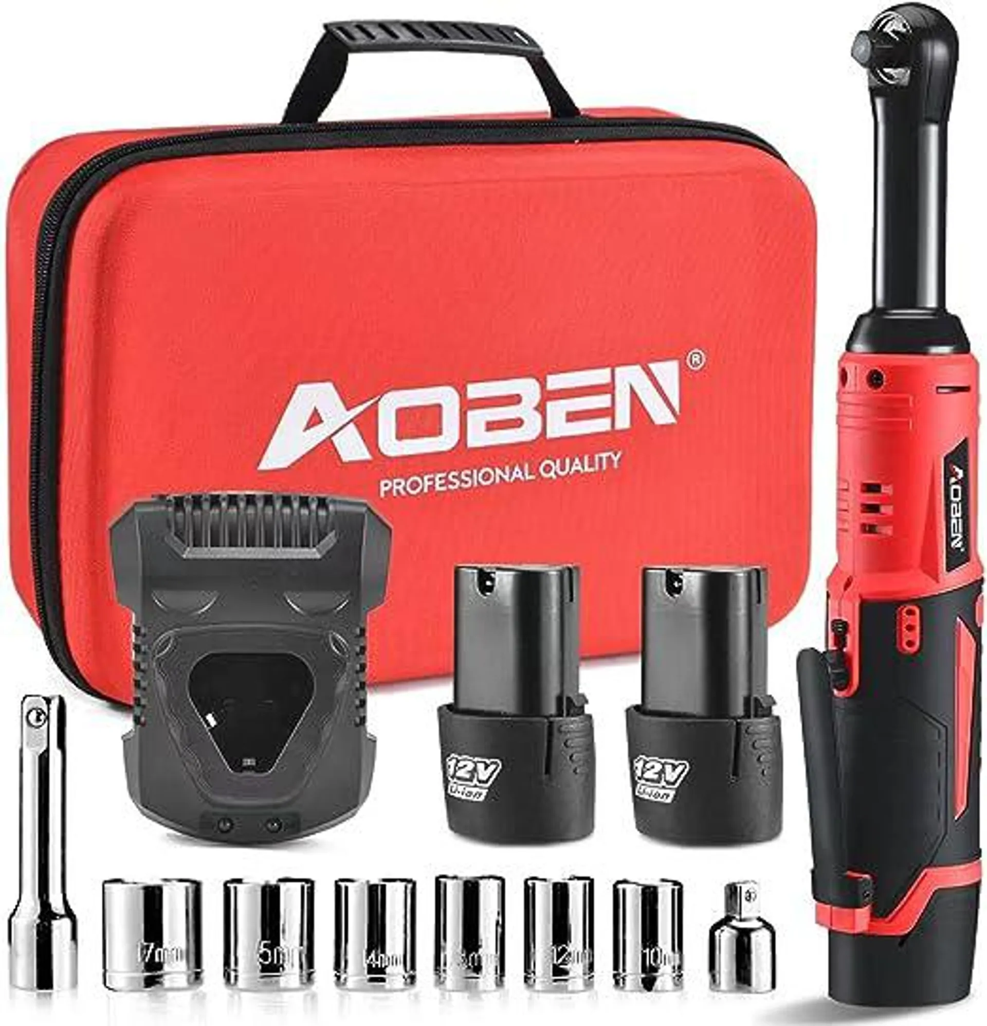 AOBEN Extended Cordless Ratchet Wrench Kit, 4.7" Long Reach 3/8" ratchet,40 Ft-lbs Electric Power Ratchet Set with Variable Speed Trigger,2 Packs 2000mAh Lithium-Ion Battery And Charger,8 Sockets