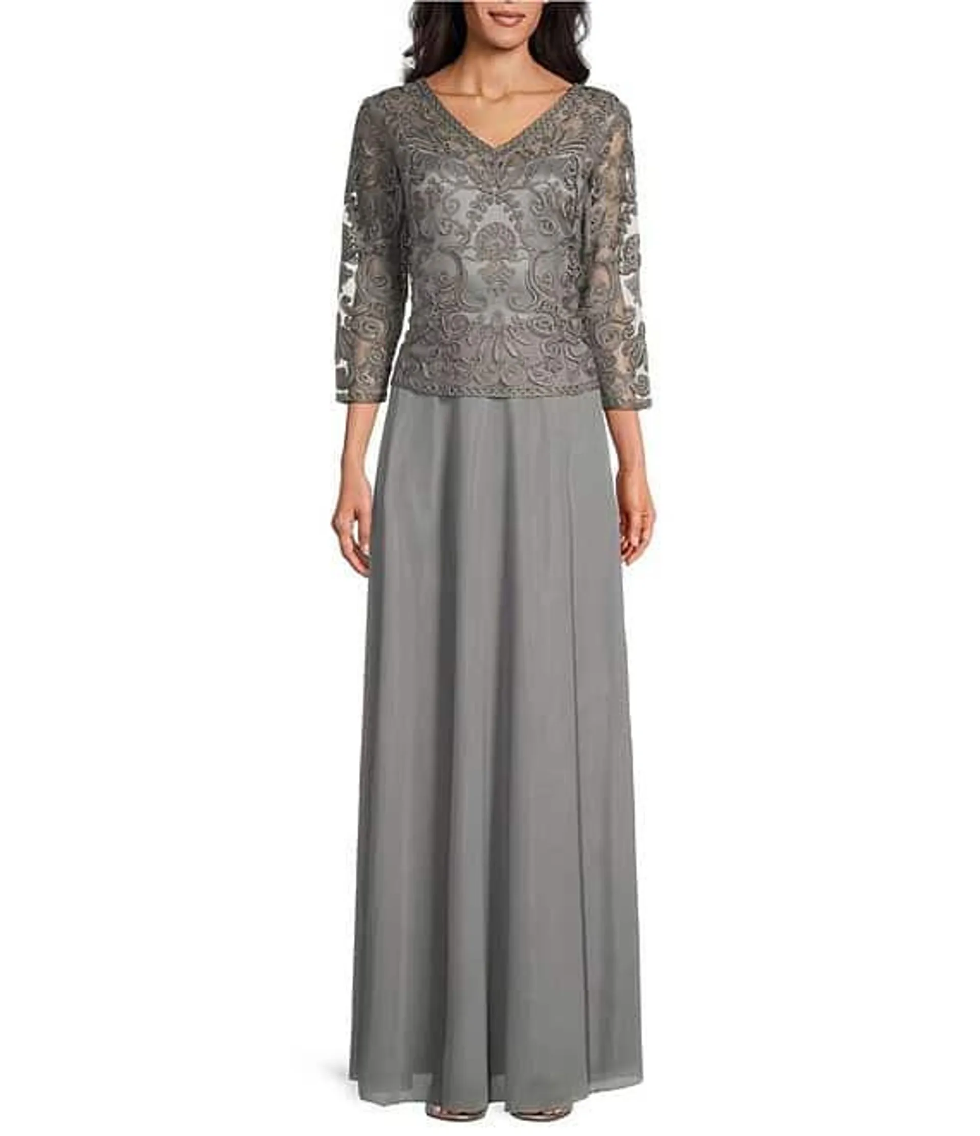 V-Neck 3/4 Sleeve Soutache Lace Bodice A-Line Gown