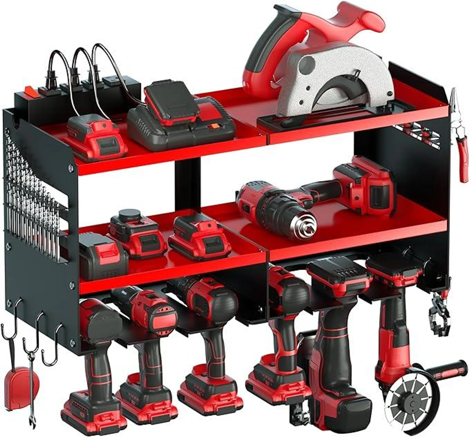 Power Tool Organizer with Charging Station, 6 Drill Holders Wall Mount, Heavy Duty Metal Premium Garage Tool Shelf, Gift for Man Cordless Tool Storage Rack with 4 Outlet Power Strip - Red