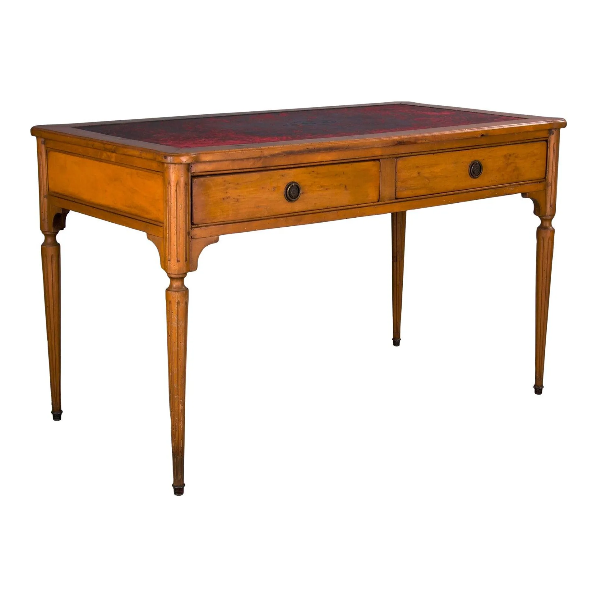 Antique French Louis XVI Style Satinwood Writing Desk W/ Burgundy Leather Top