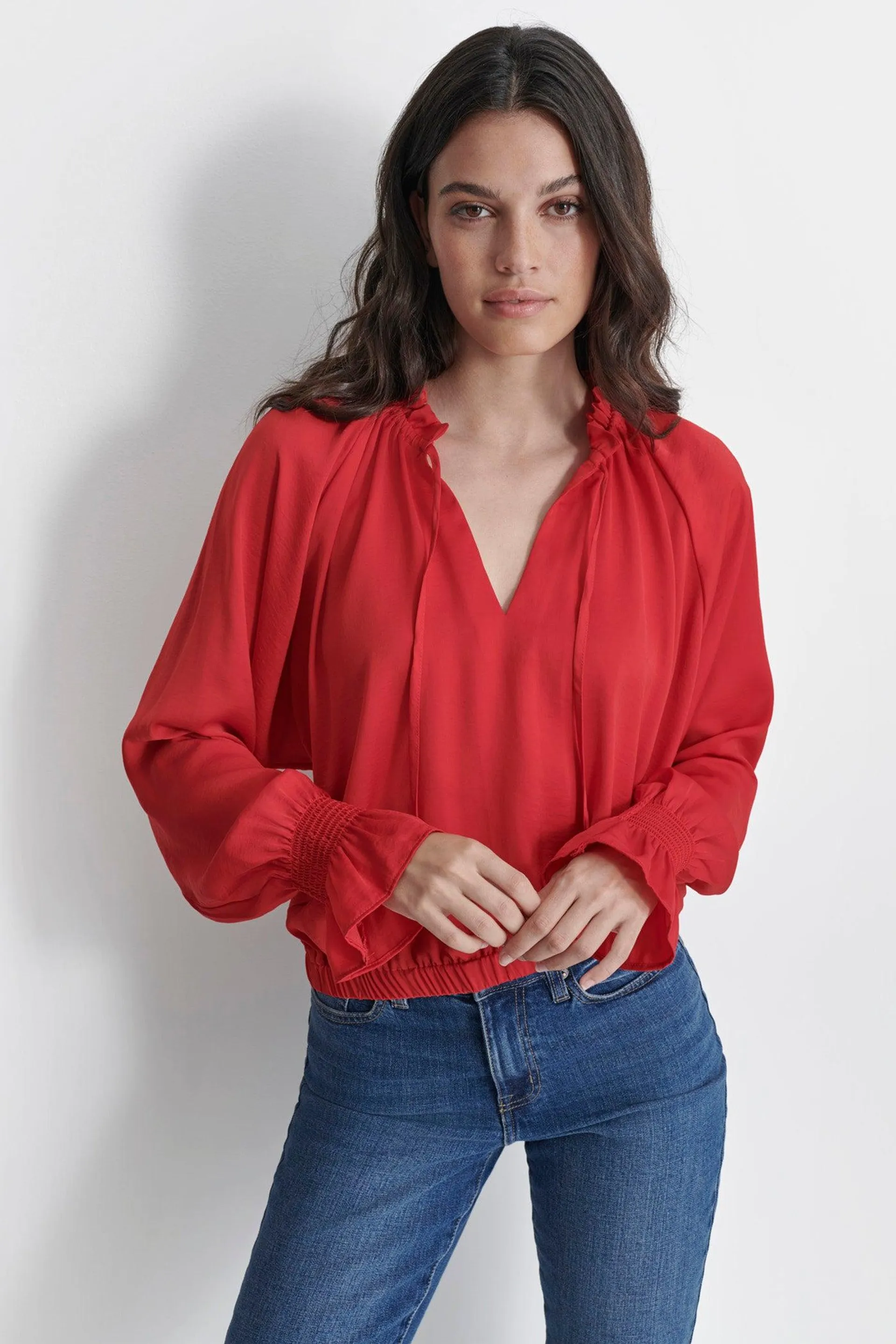 SMOCKED CUFF RAGLAN SLEEVE BLOUSE