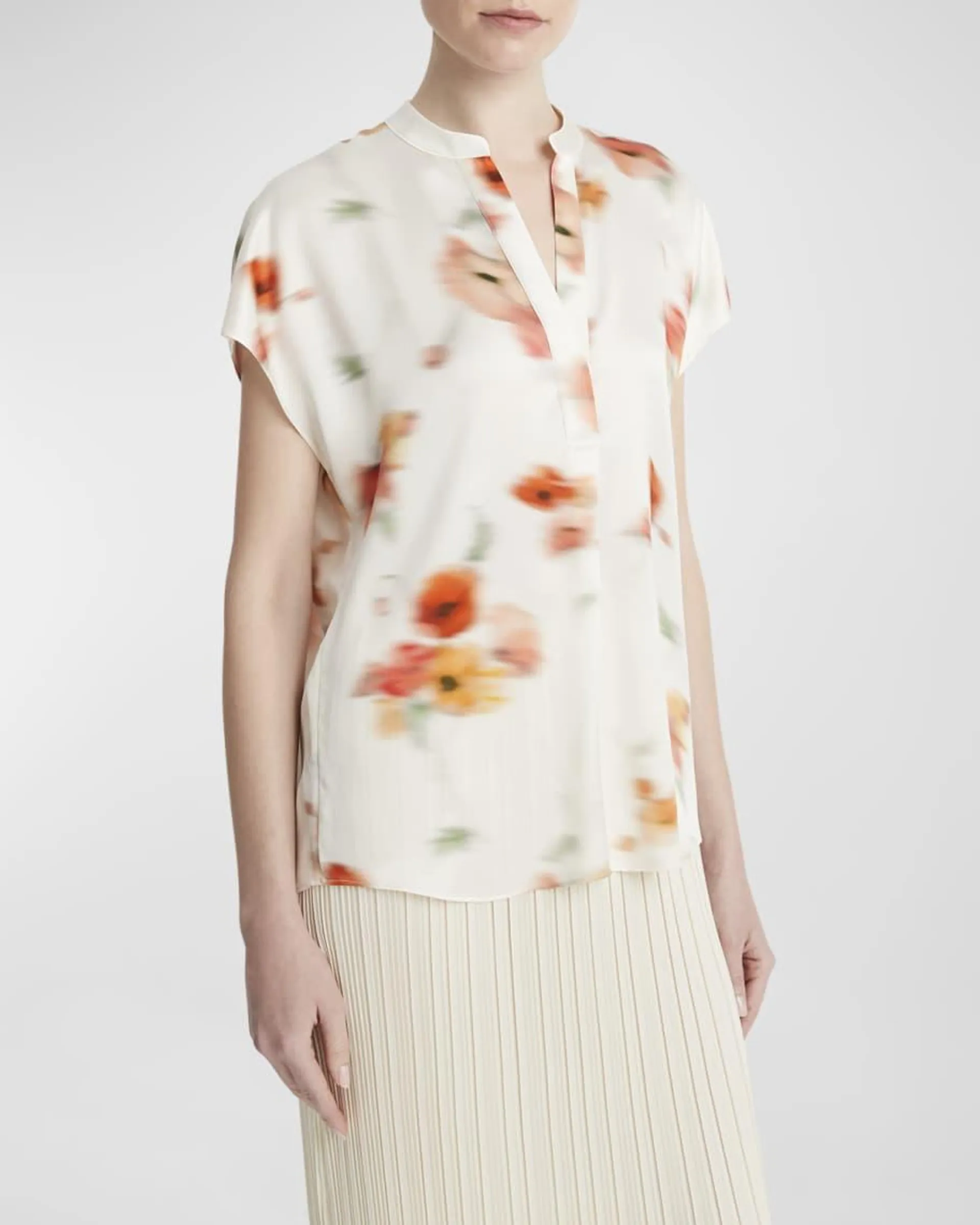 Poppy Blur Band-Collar Popover Silk Blouse