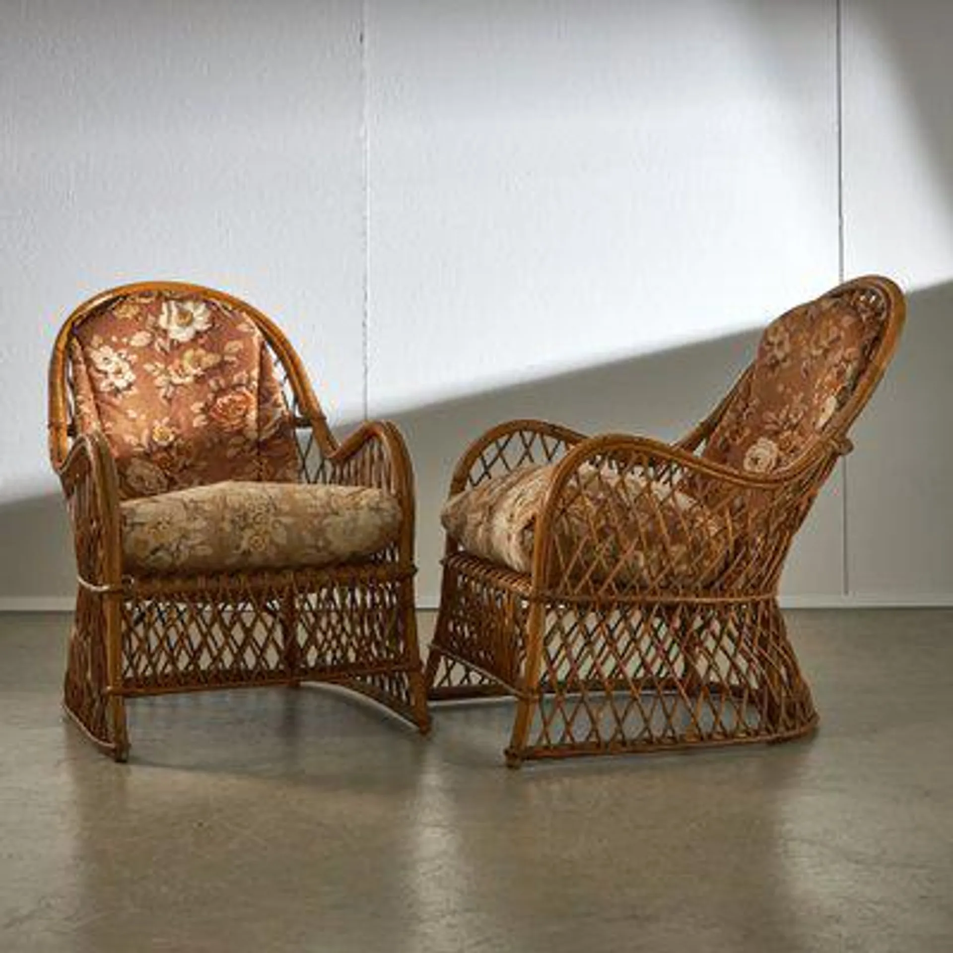 Italian Rattan Armchair with Rounded Arms and Cushions, 1960s