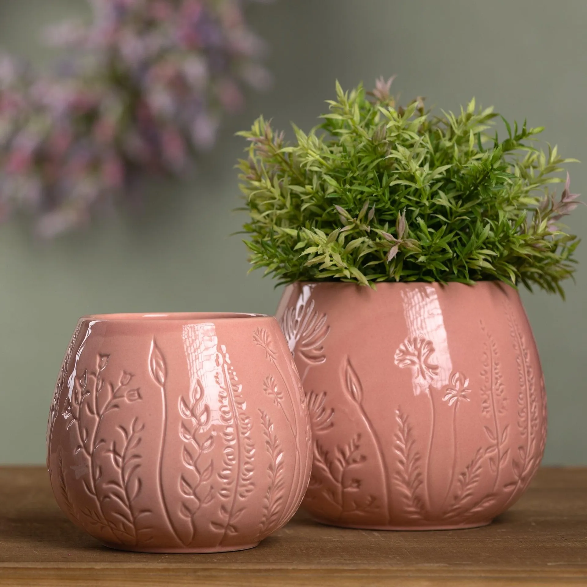 Floral Etched Ceramic Planter, Set of 2