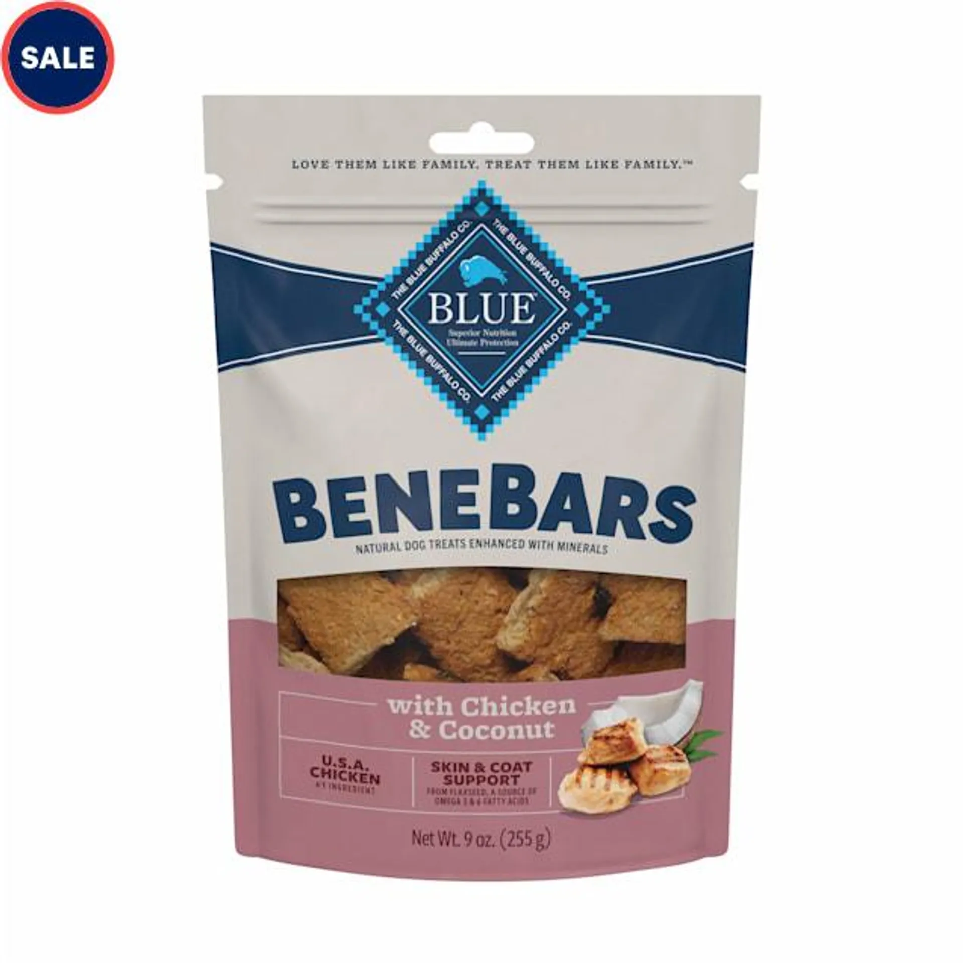 Blue Buffalo Benebars Skin and Coat Support, Chicken and Coconut Natural Dog Treats, 9 oz.
