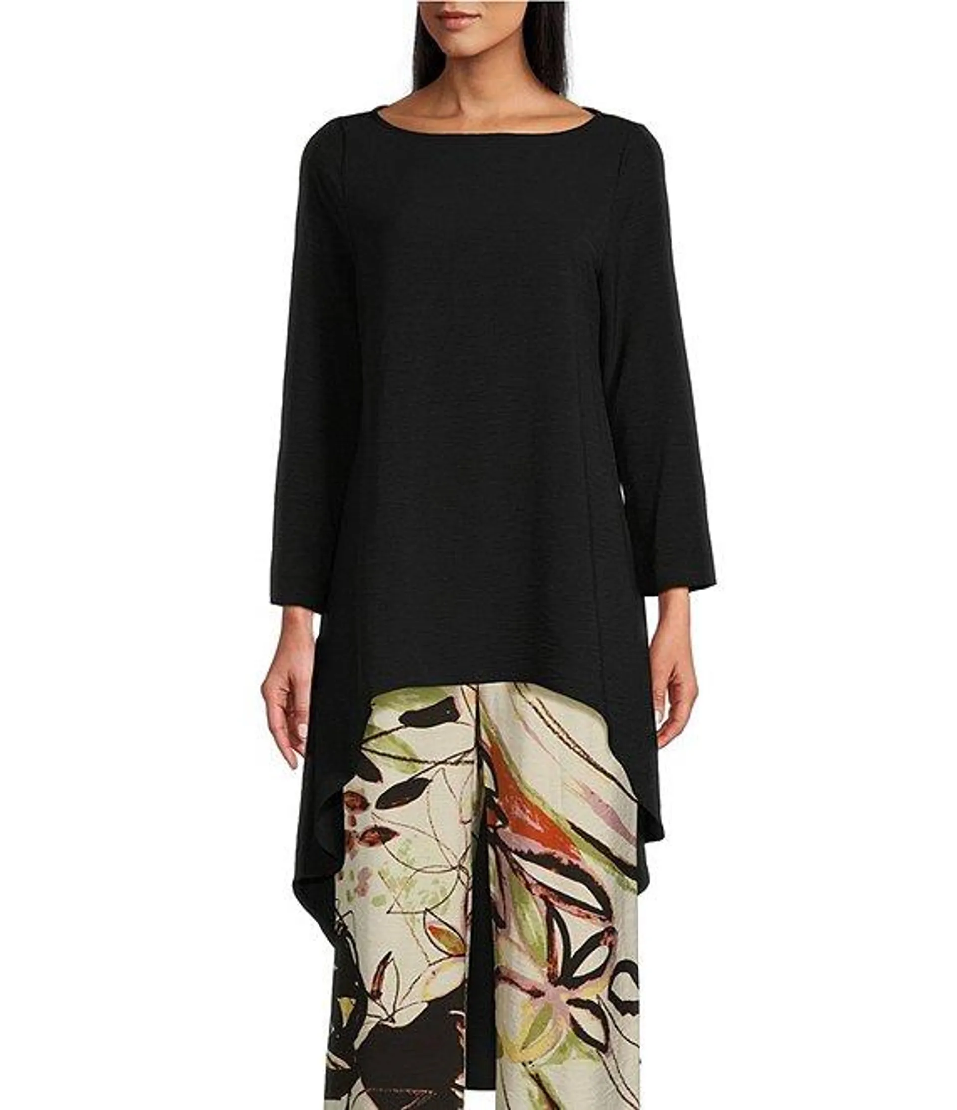 Crinkled Woven Boat Neck Long Sleeve Coordinating High-Low Hem Tunic