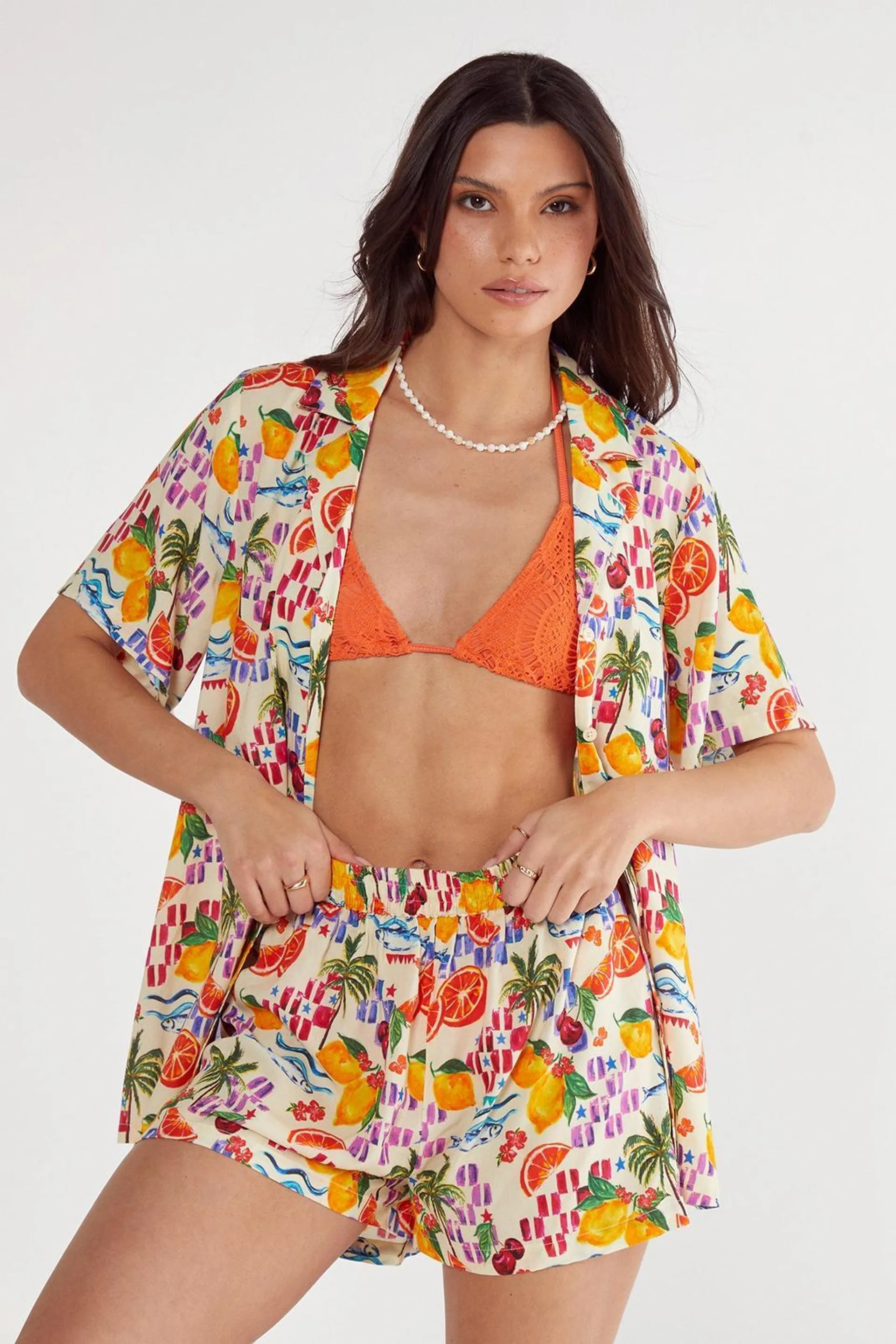 Conversational Fruit Print Resort Beach Shirt And Short