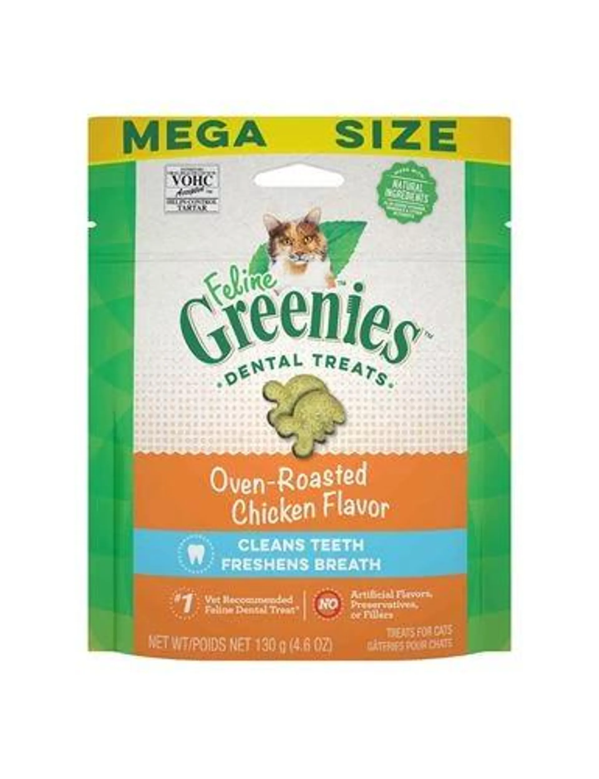 FELINE GREENIES Adult Natural Dental Care Cat Treats, Oven Roasted Chicken Flavor, 4.6 Ounce Pouch