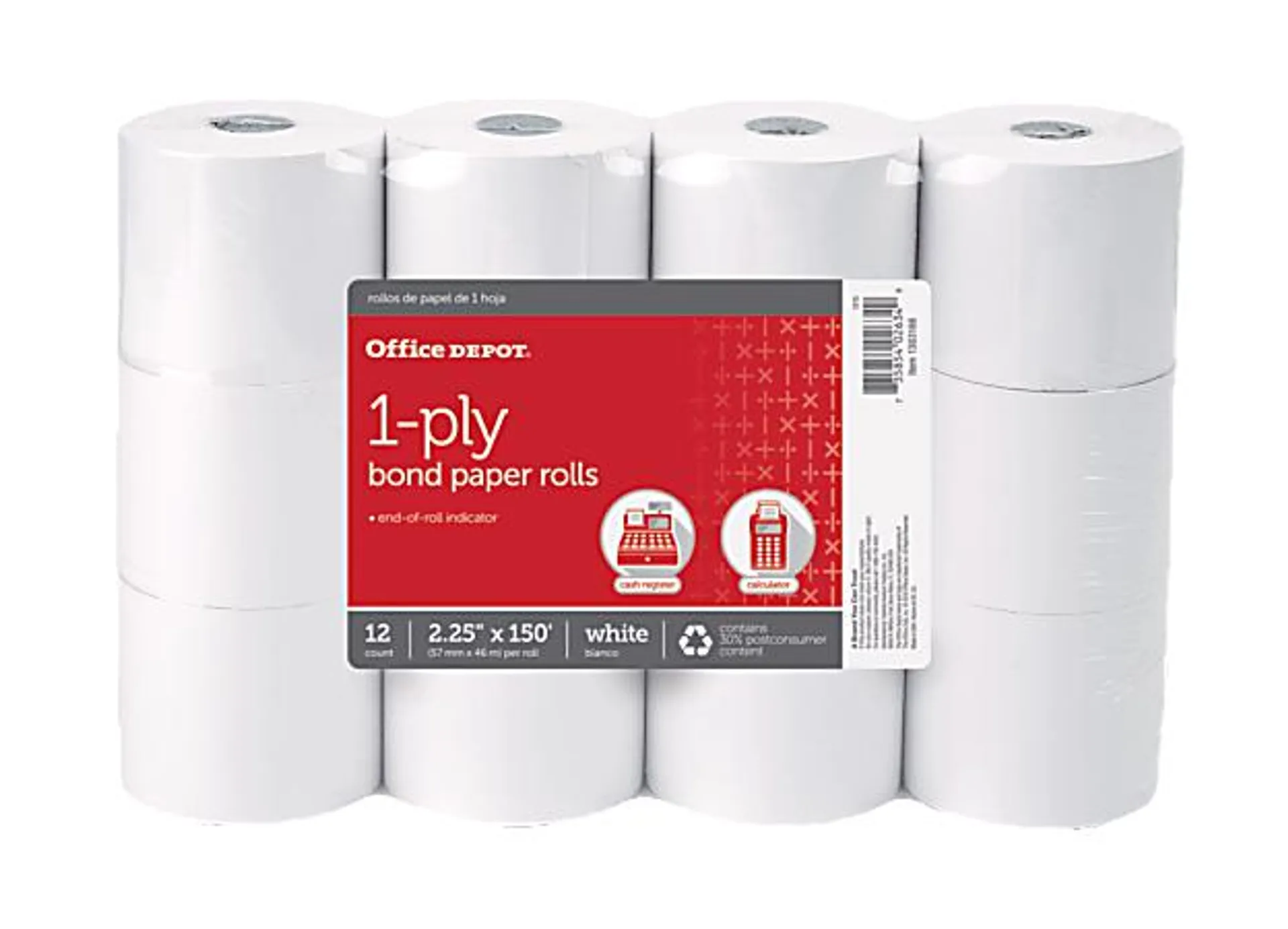 Office Depot® Brand 1-Ply Bond Paper Roll, 2-1/4" x 150’, White, Pack of 12