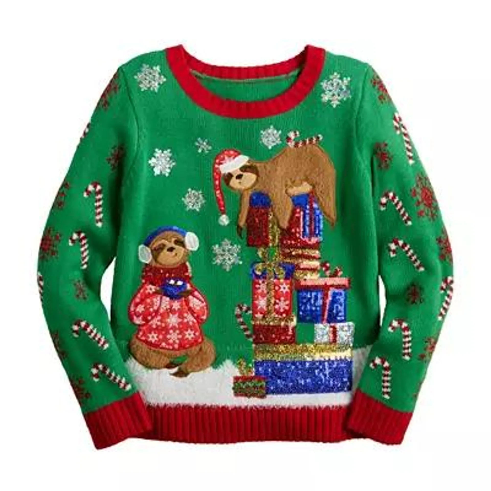 Girls 4-20 33 Degrees Long Sleeve Crewneck Sloths on Presents Christmas Sweater in Regular & Plus Size