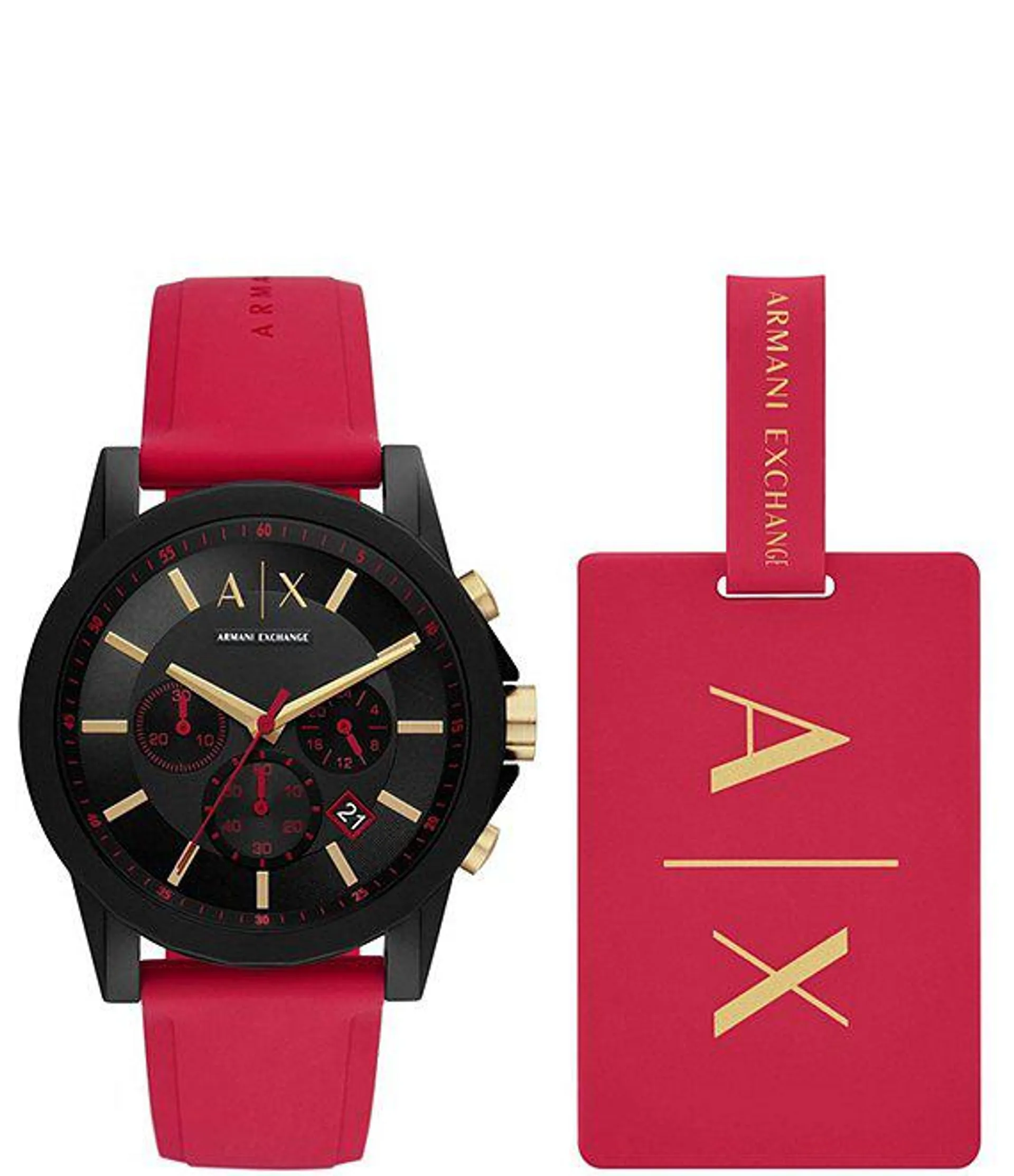 Men's Chronograph Red Silicone Strap Watch and Luggage Tag Set