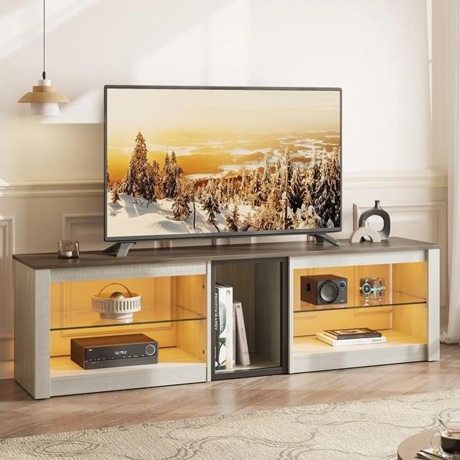 63" TV Stand Gaming Entertainment Center for TVs up to 70" with LED Lights Cabinet and Shelves