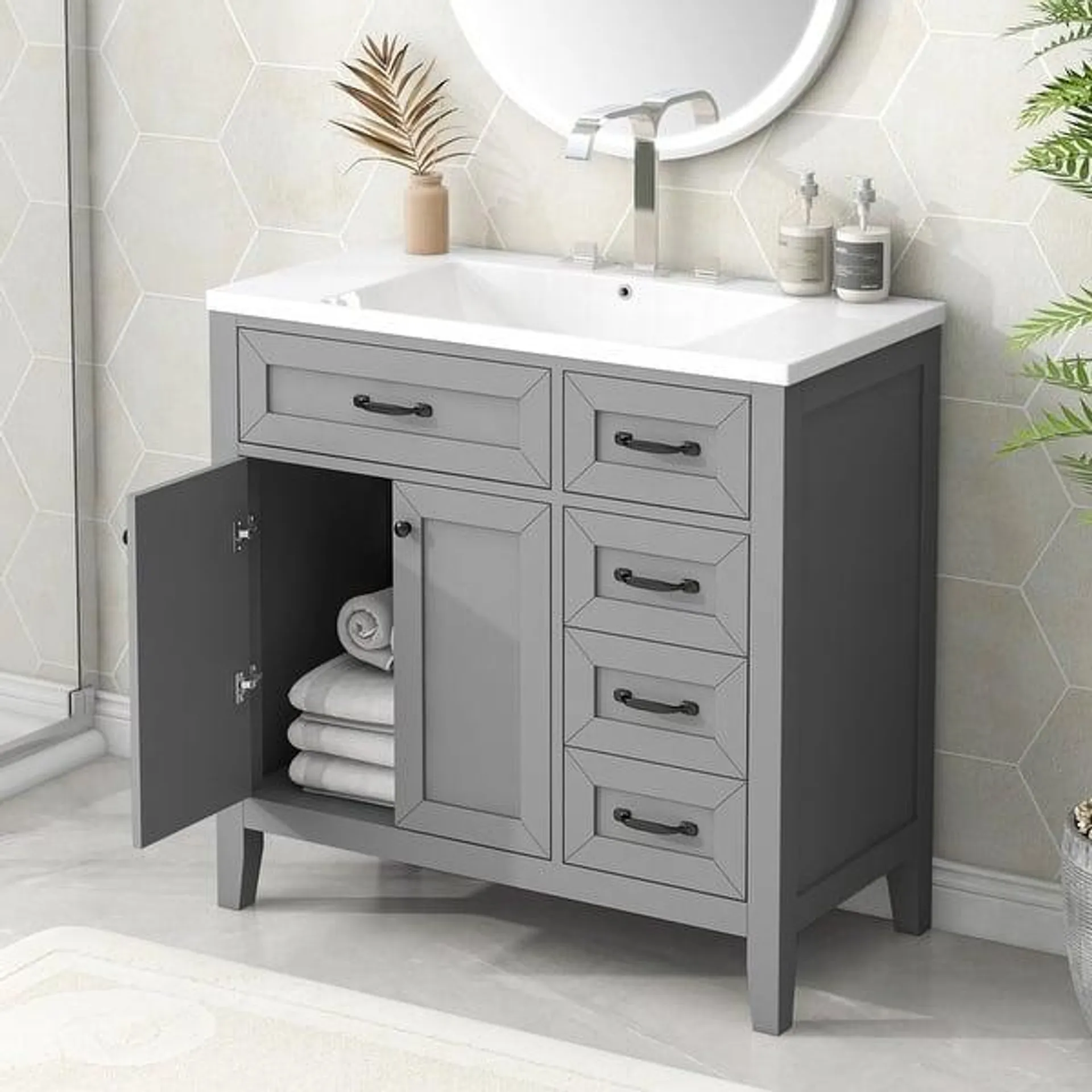 Modern 36" Vanity Cabinet with Ceramic Sink and Drawers for Bathroom