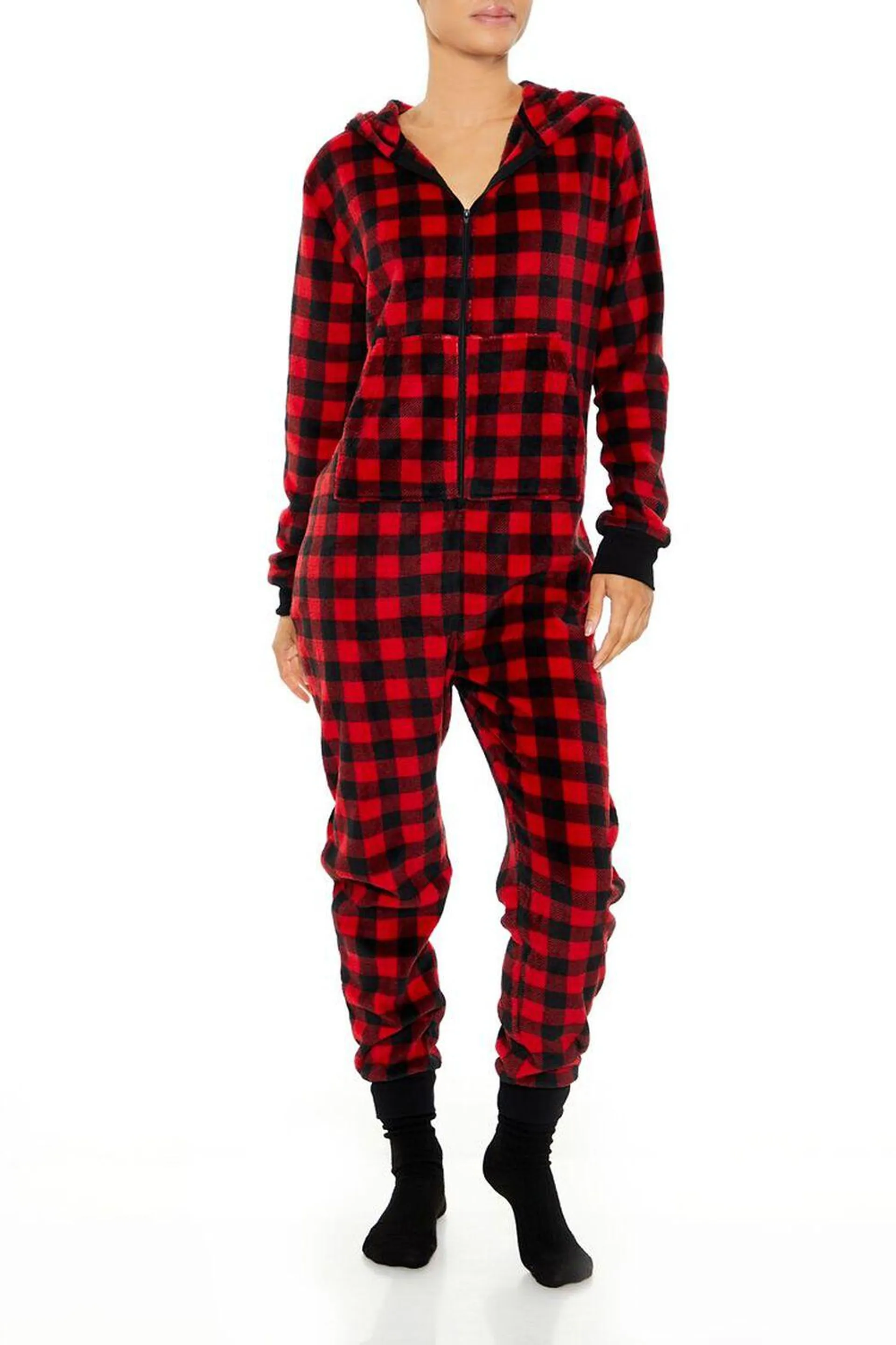 Fleece Plaid Pajama Jumpsuit