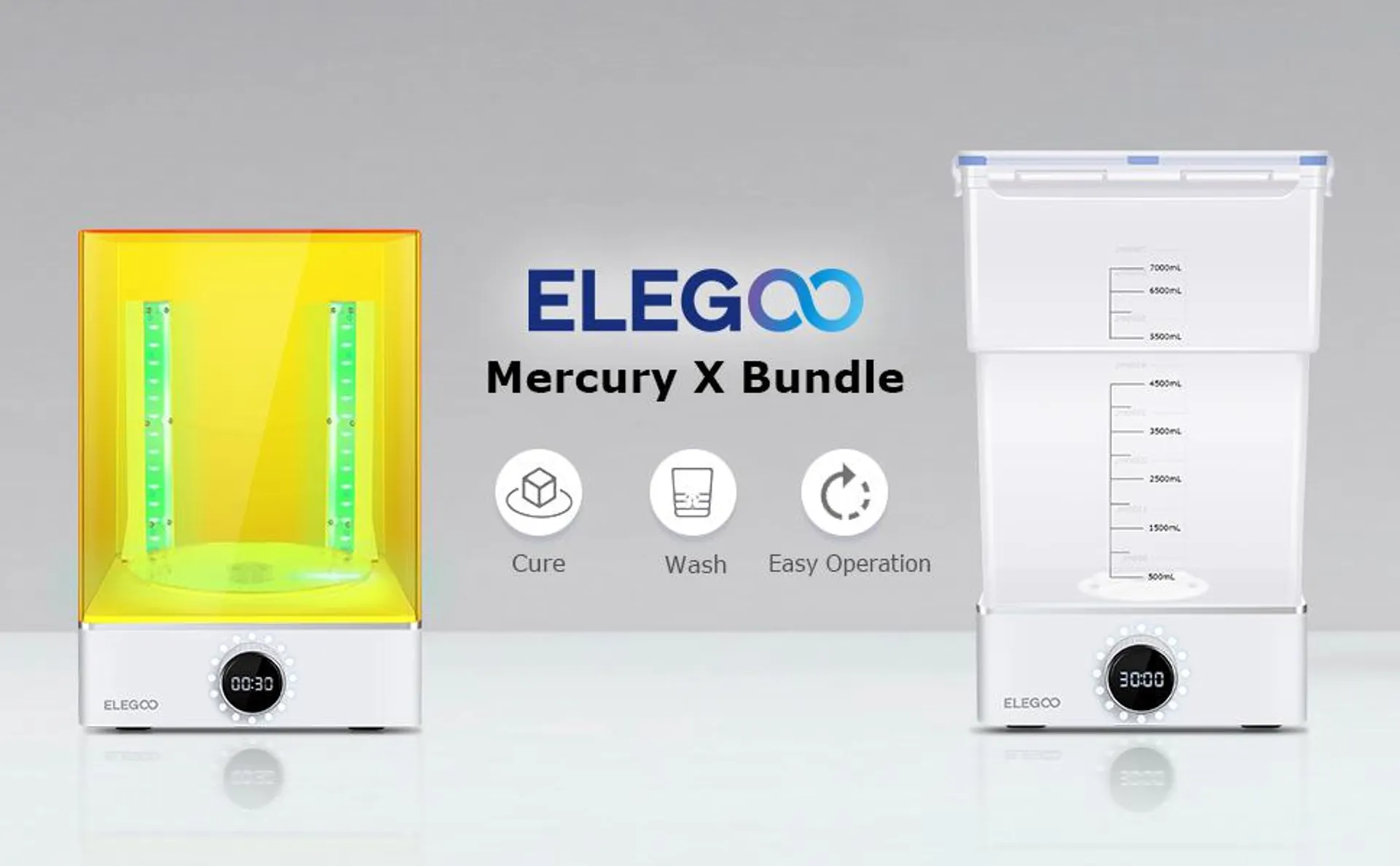 ELEGOO Mercury X Bundle, Larger Size Washing and Curing Machine, Wash and Cure Station Simultaneous Working Add Bottom Light Source Fresnel Lens for Saturn, Mars LCD MSLA DLP 3D Printers UV Curing Box