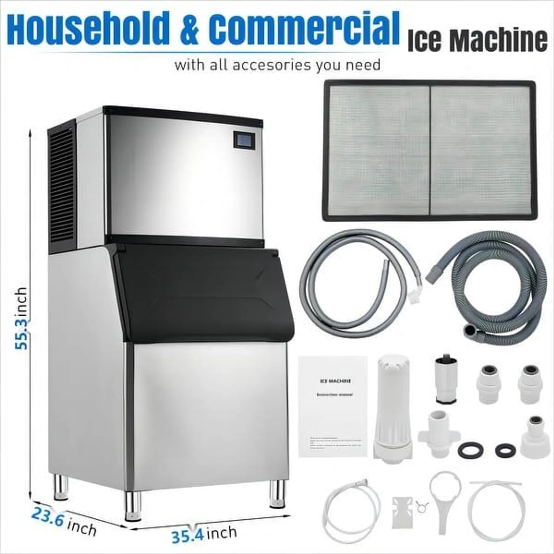 Commercial Ice Maker Produces 100 LBs/24 h, with The Ability to Produce 5x10 Pieces in 5-10 Minutes - 100 Lbs-5x10 Cubes