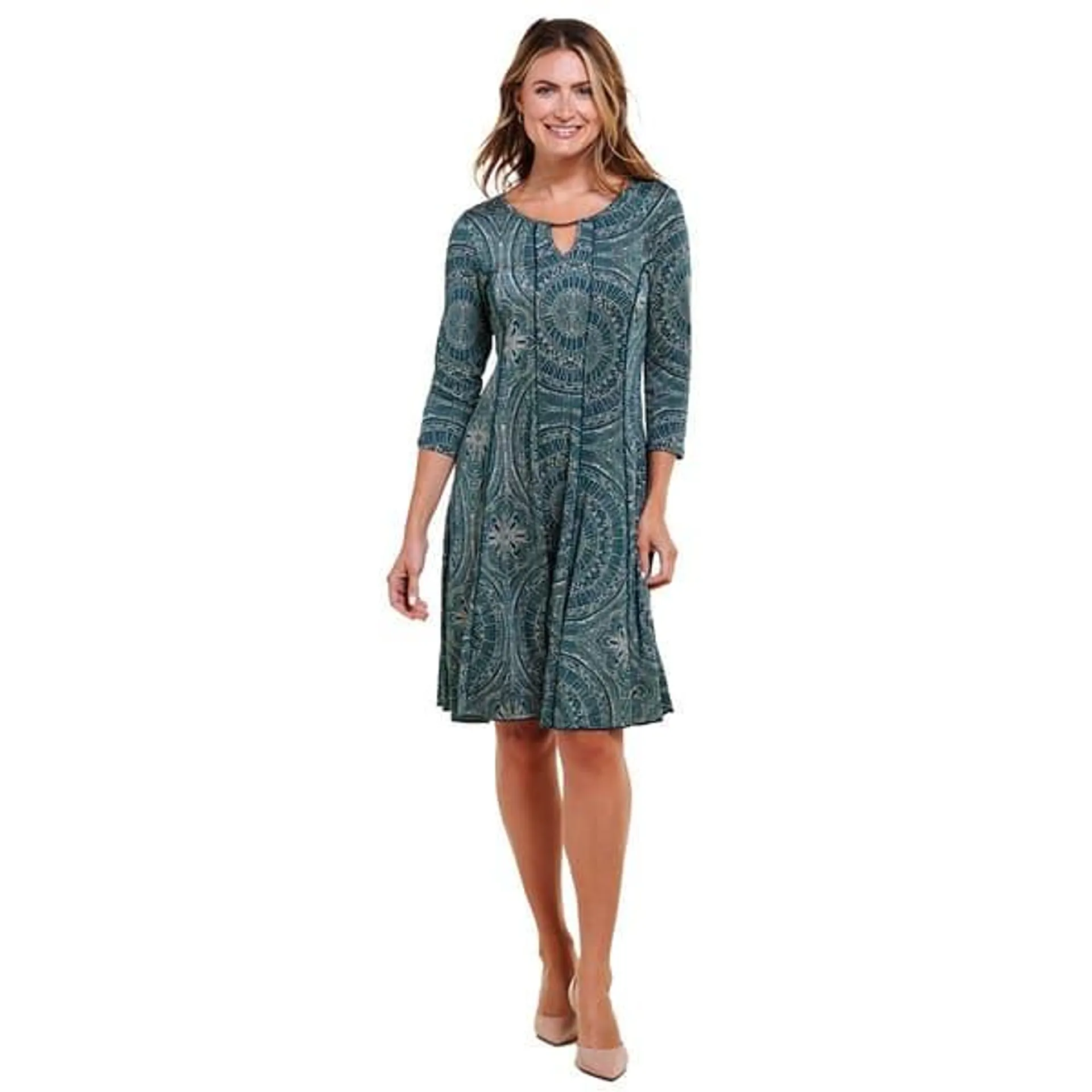 Womens Sami & Jo 3/4 Sleeve Medallion Hardware Neck A-Line Dress