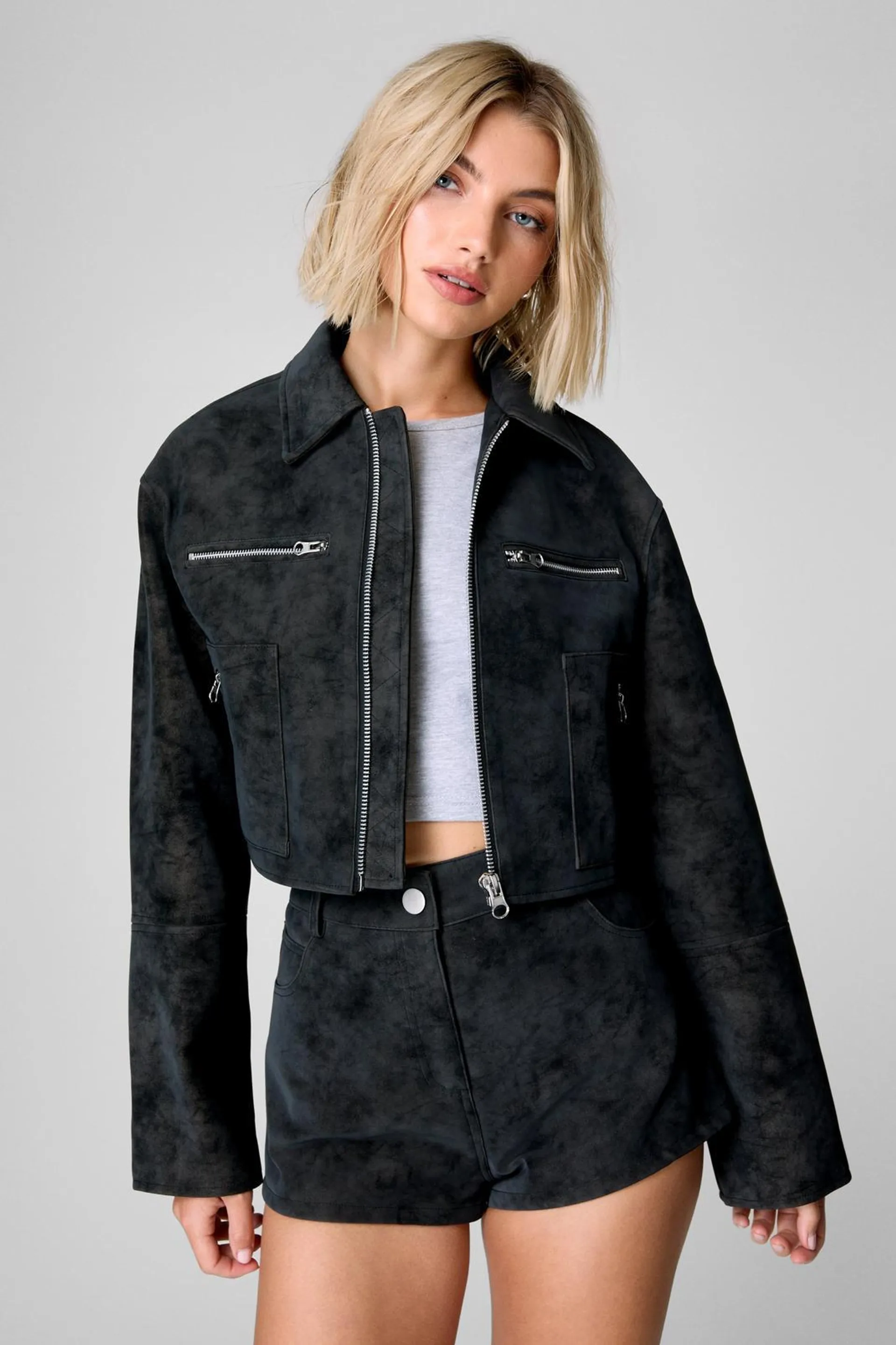 Distressed Faux Leather Trucker Jacket