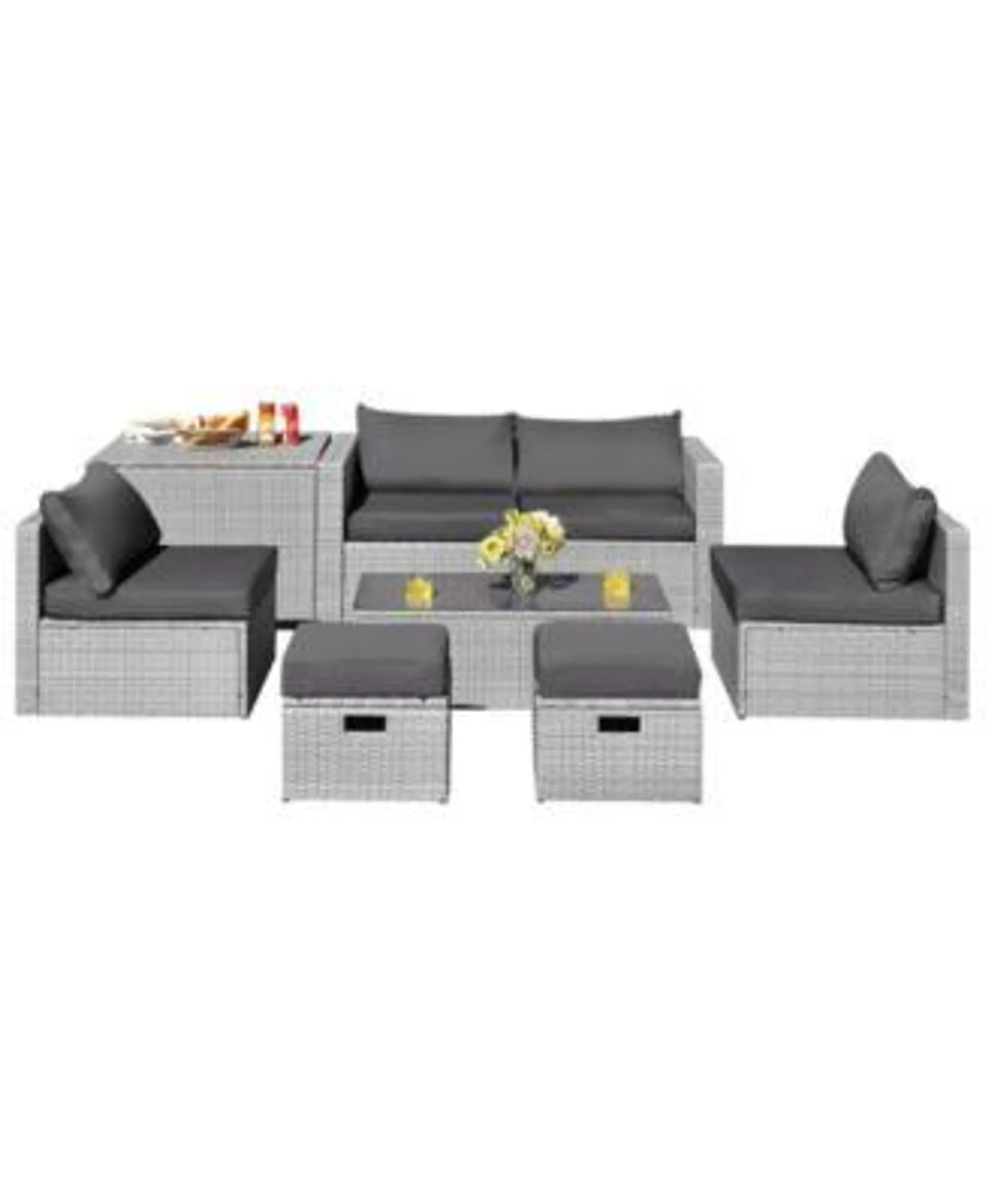 8 Pieces Patio Rattan Furniture Set with Storage Waterproof Cover and Cushion-Gray