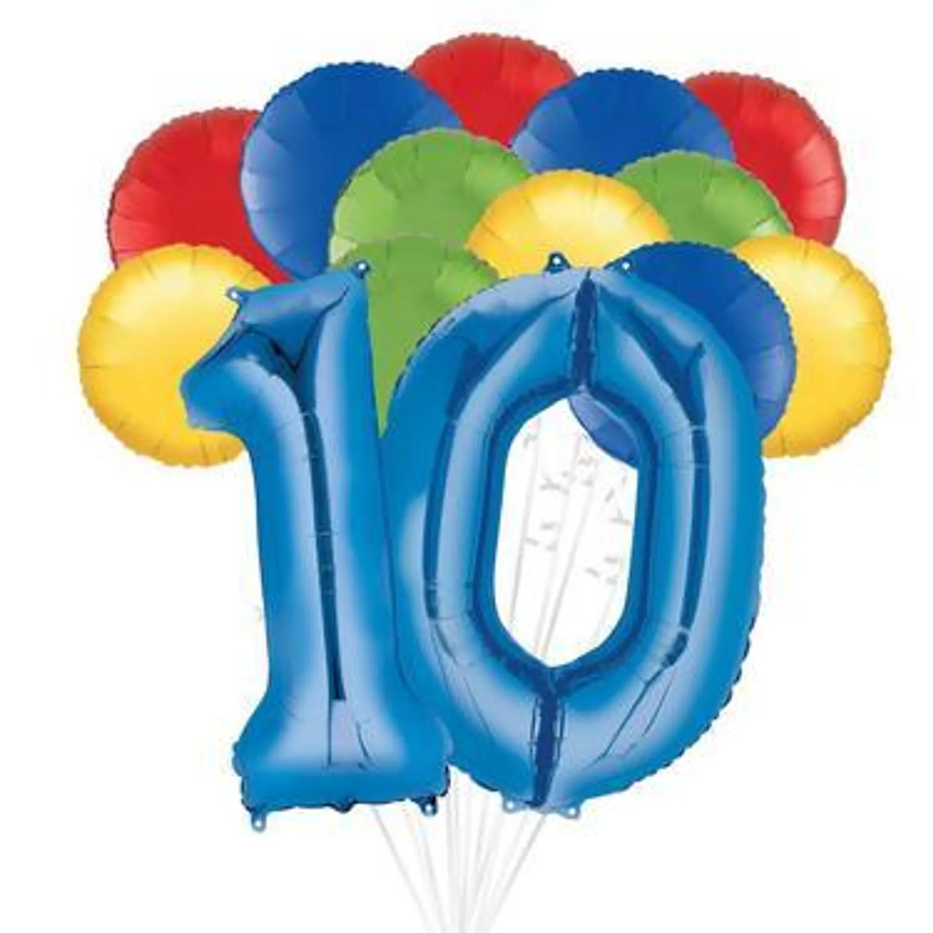 Blue 10, Red, Yellow, Blue, & Green Round Foil Balloon Bouquet, 14pc