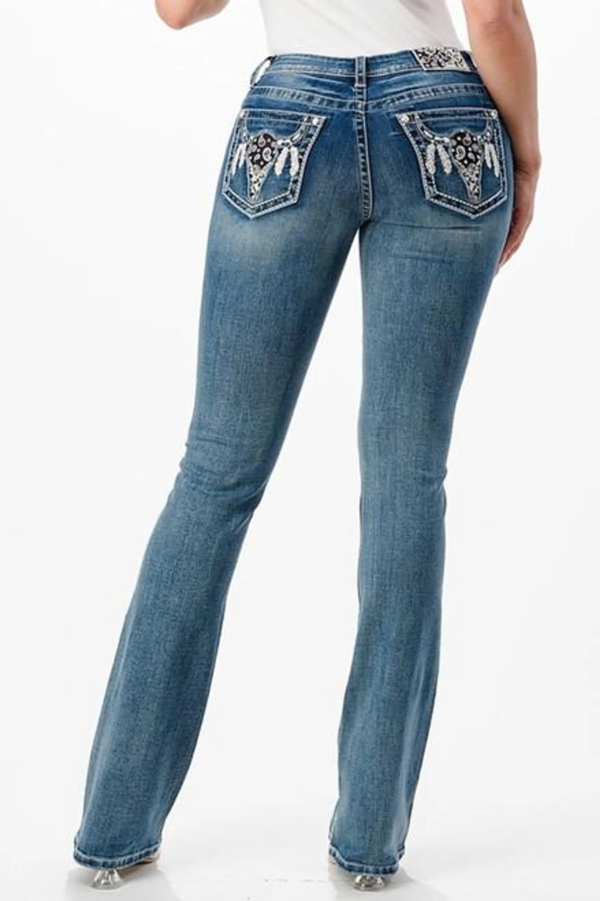 Grace In LA EBS616 Womens Embroidered Bandana Steerhead Mid Rise Bootcut Jean