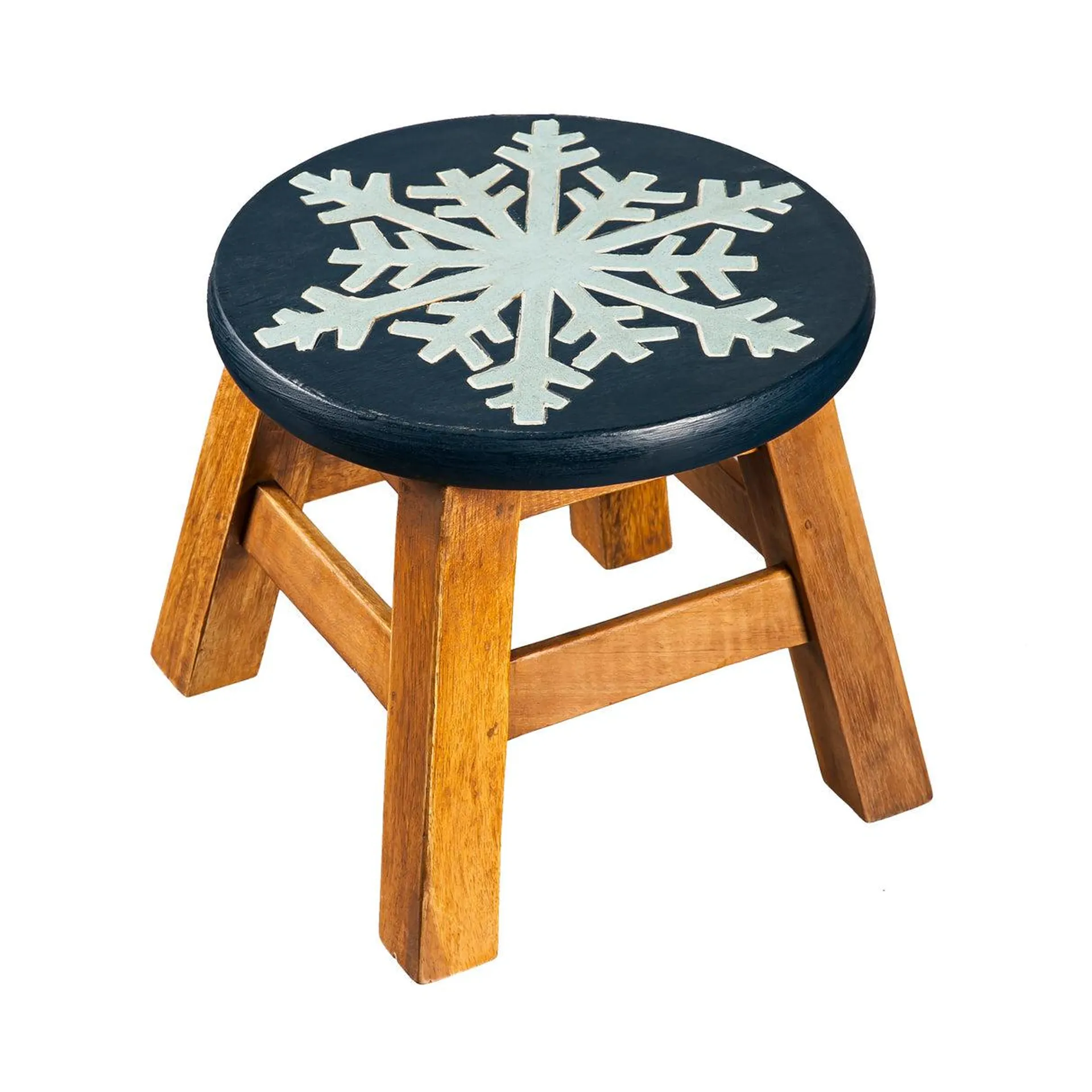 Hand-Carved Acacia Wood Glittery Snowflake Footstool