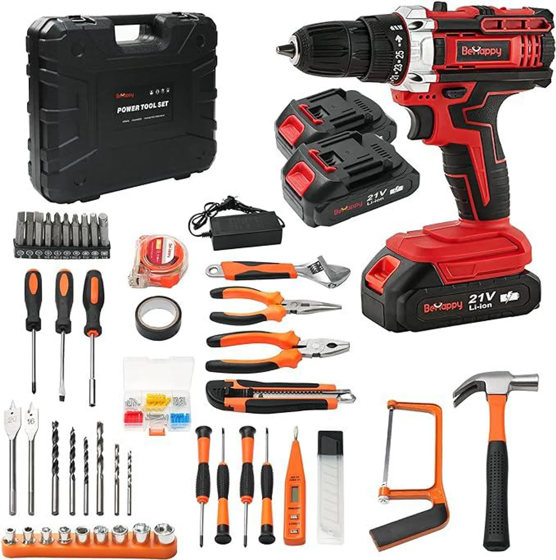 BeHappy Cordless Drill Set, 21V Power Drill Set, Electric Drill Kit with 2 Batteries and Charger, 25+3 Torque Setting, 2 Speed, 315 In-lb, LED, and 43pcs Drill Bit, Impact Drill Set for Home, DIY