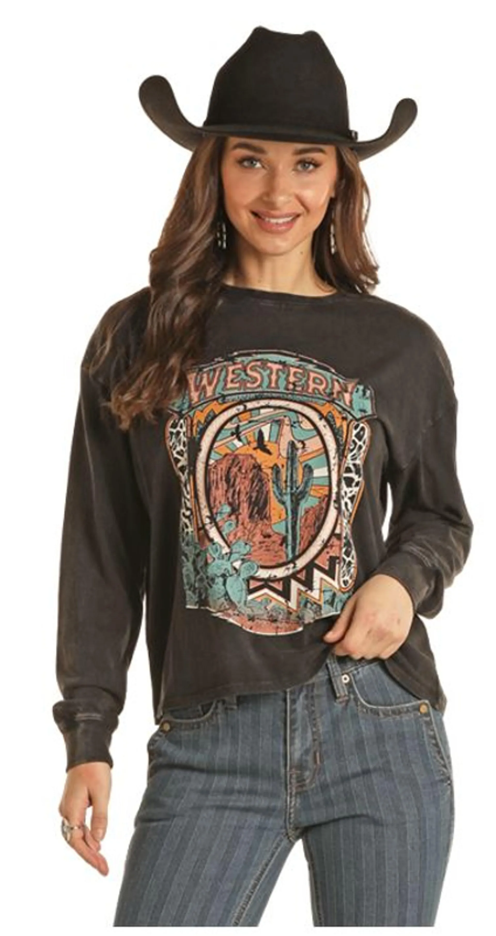 Rock & Roll Cowgirl Women's Black & Colorful Desert Graphic Long Sleeve T-Shirt