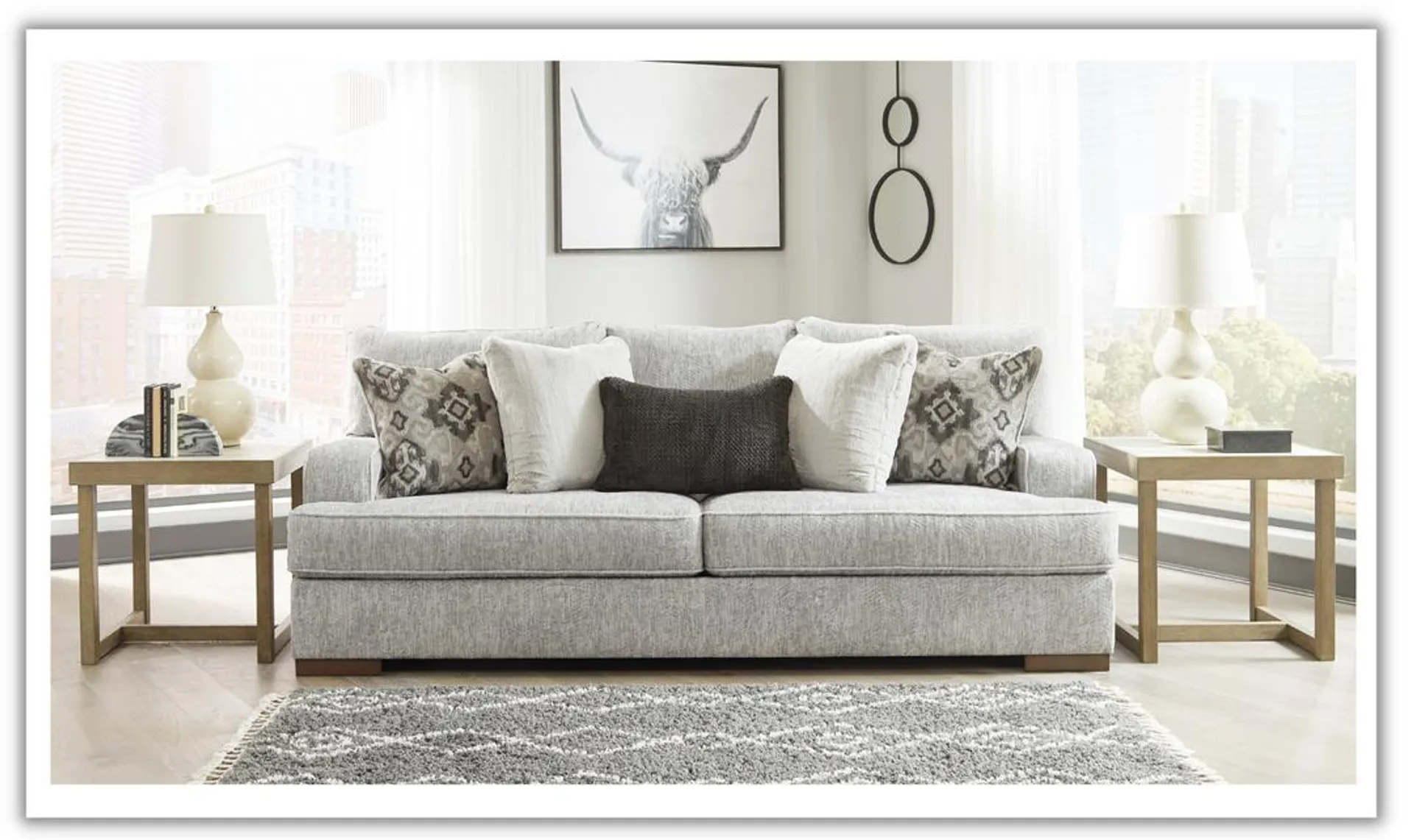 Ashley Mercado 3-Seater Stationary Fabric Sofa in Pewter