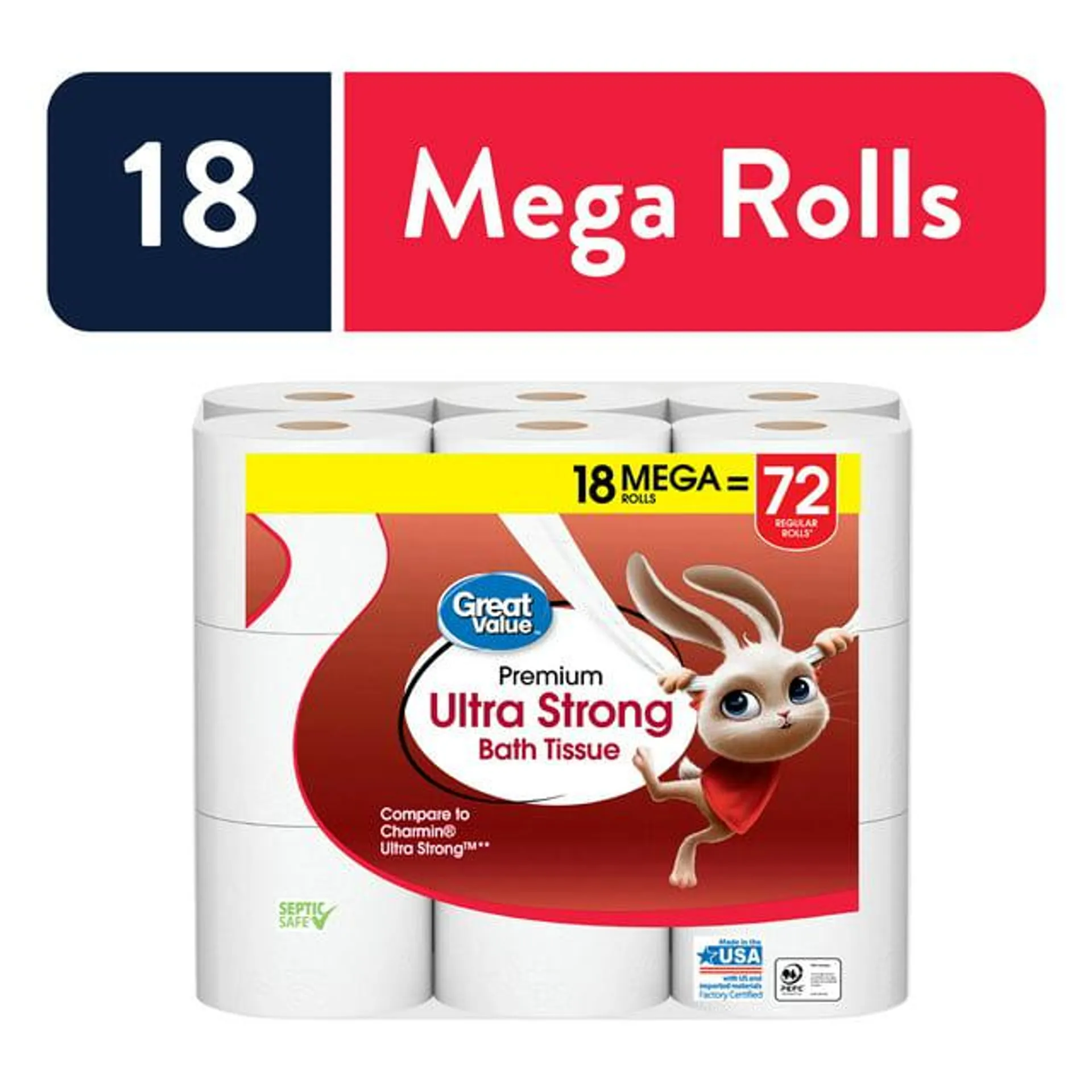 Great Value Ultra Strong Toilet Paper, 18 Mega Rolls