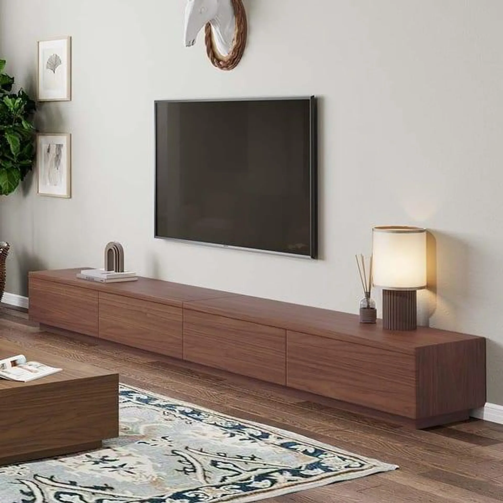 Minimalist Wood TV Stand with 4 Drawers, Modern Long Media Console for up to 100 Inch, Fully Assembled