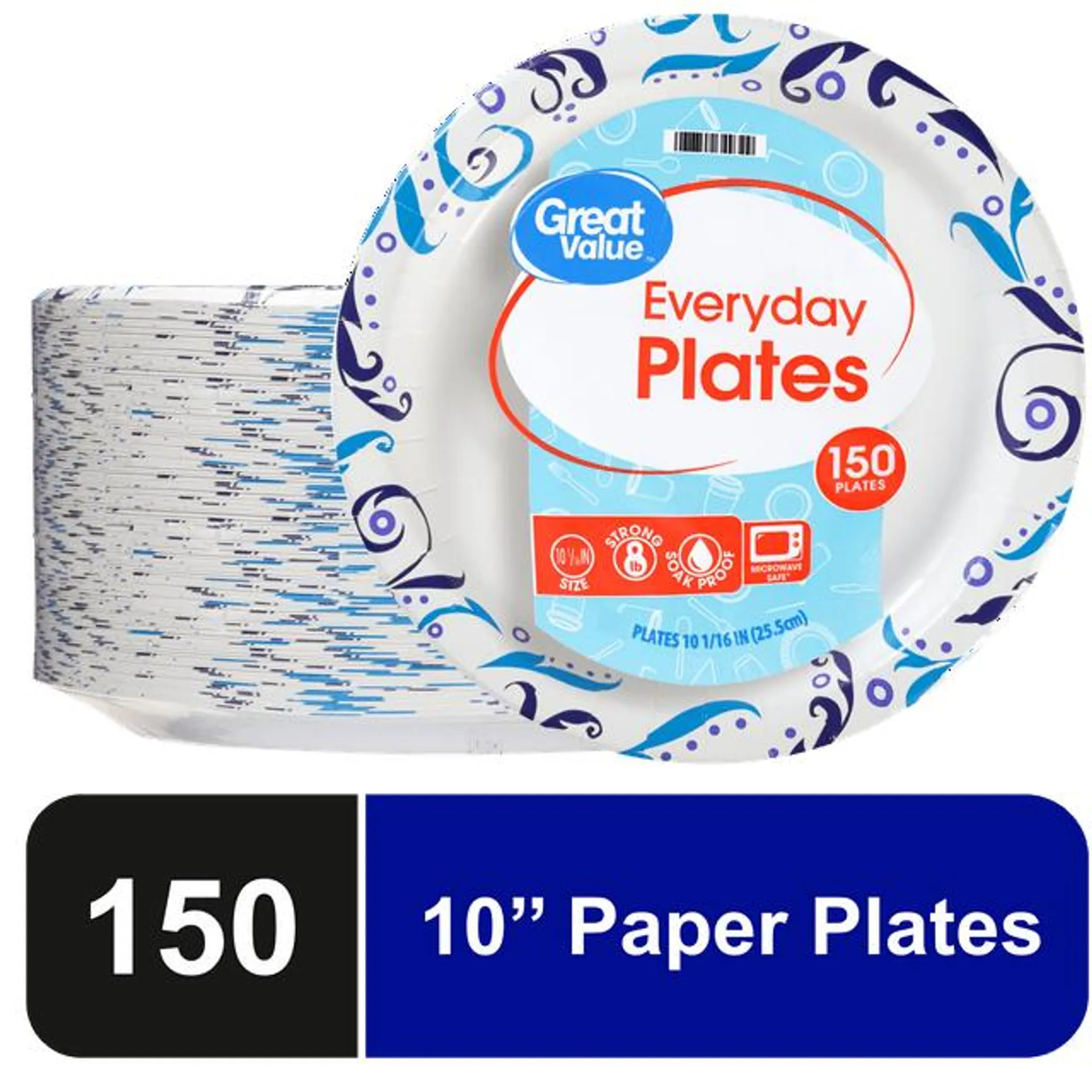 Great Value Everyday Disposable Paper Plates, 10", 150 Count, White with Pattern