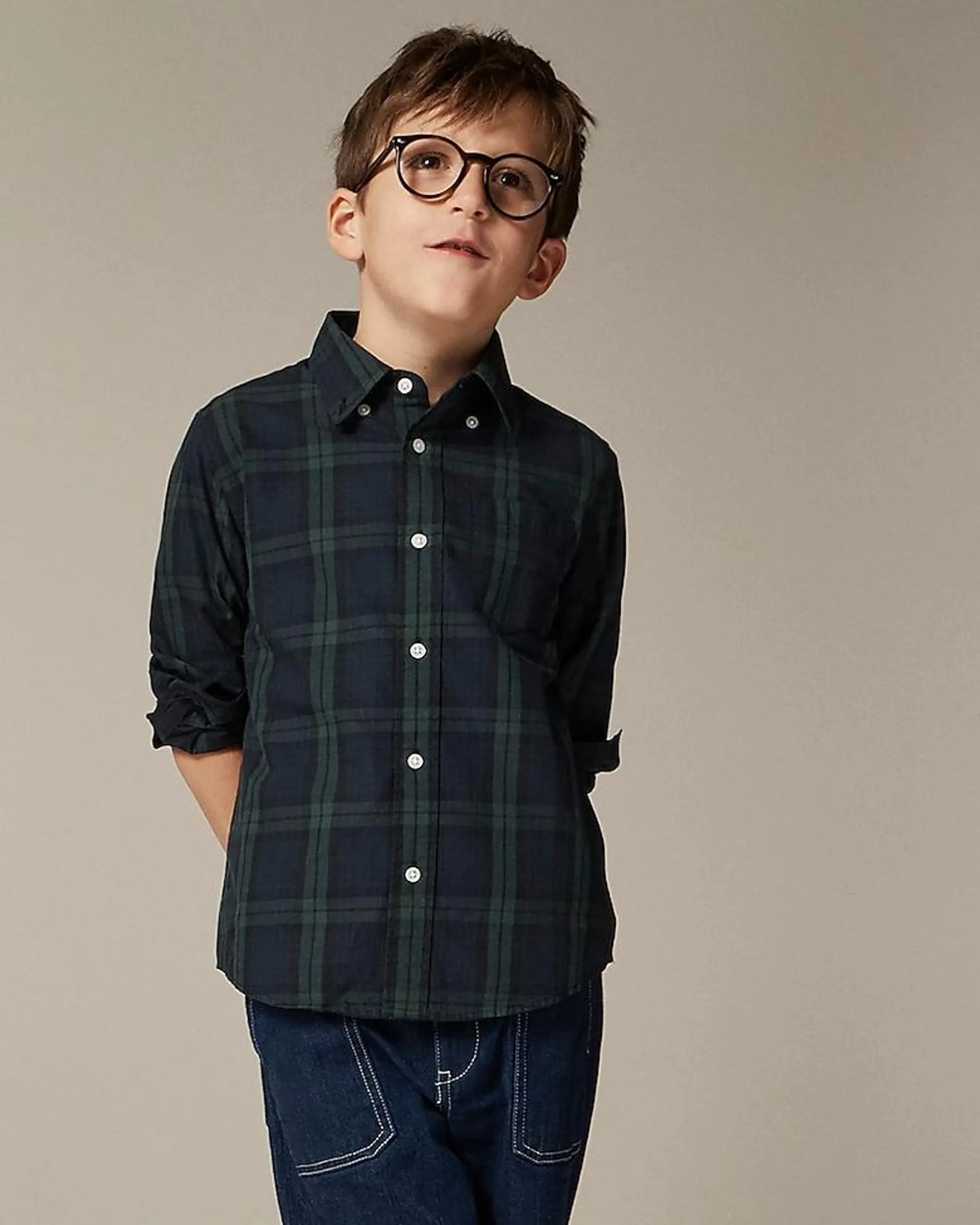 Kids' long-sleeve stretch poplin button-down in Black Watch tartan