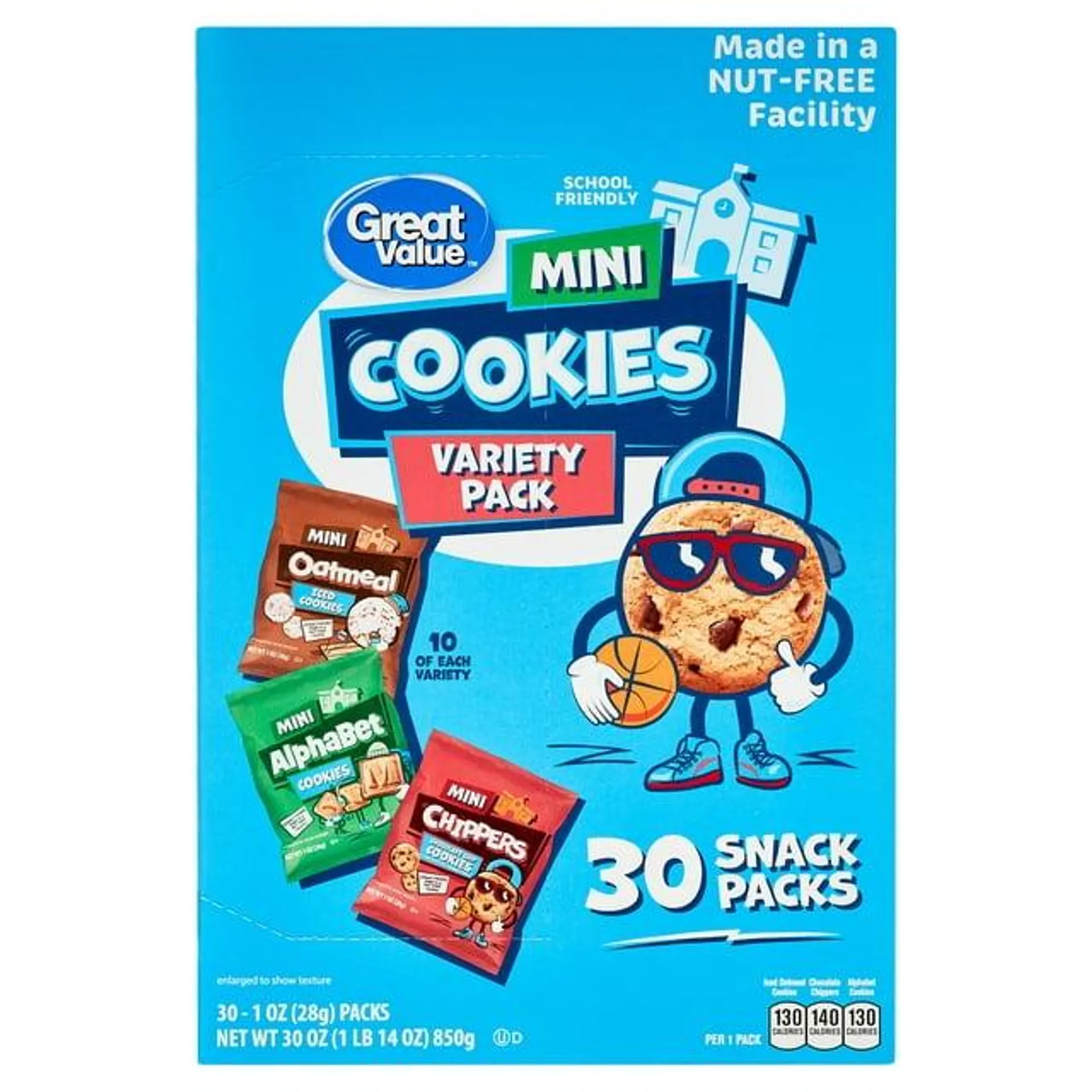 Great Value Mini Alphabet, Chippers & Oatmeal Cookies Variety Pack, 30 Snack Packs